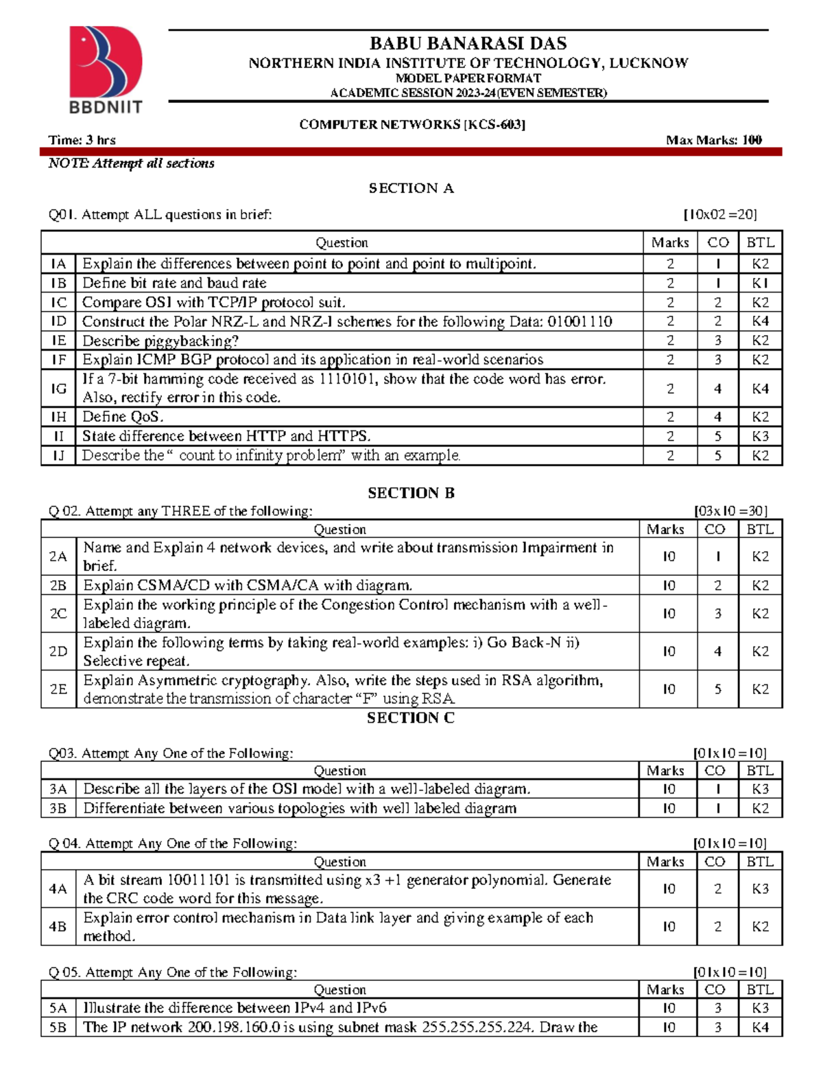 Computer Network Model Paper KCS603 - ####### NOTE: Attempt all ...