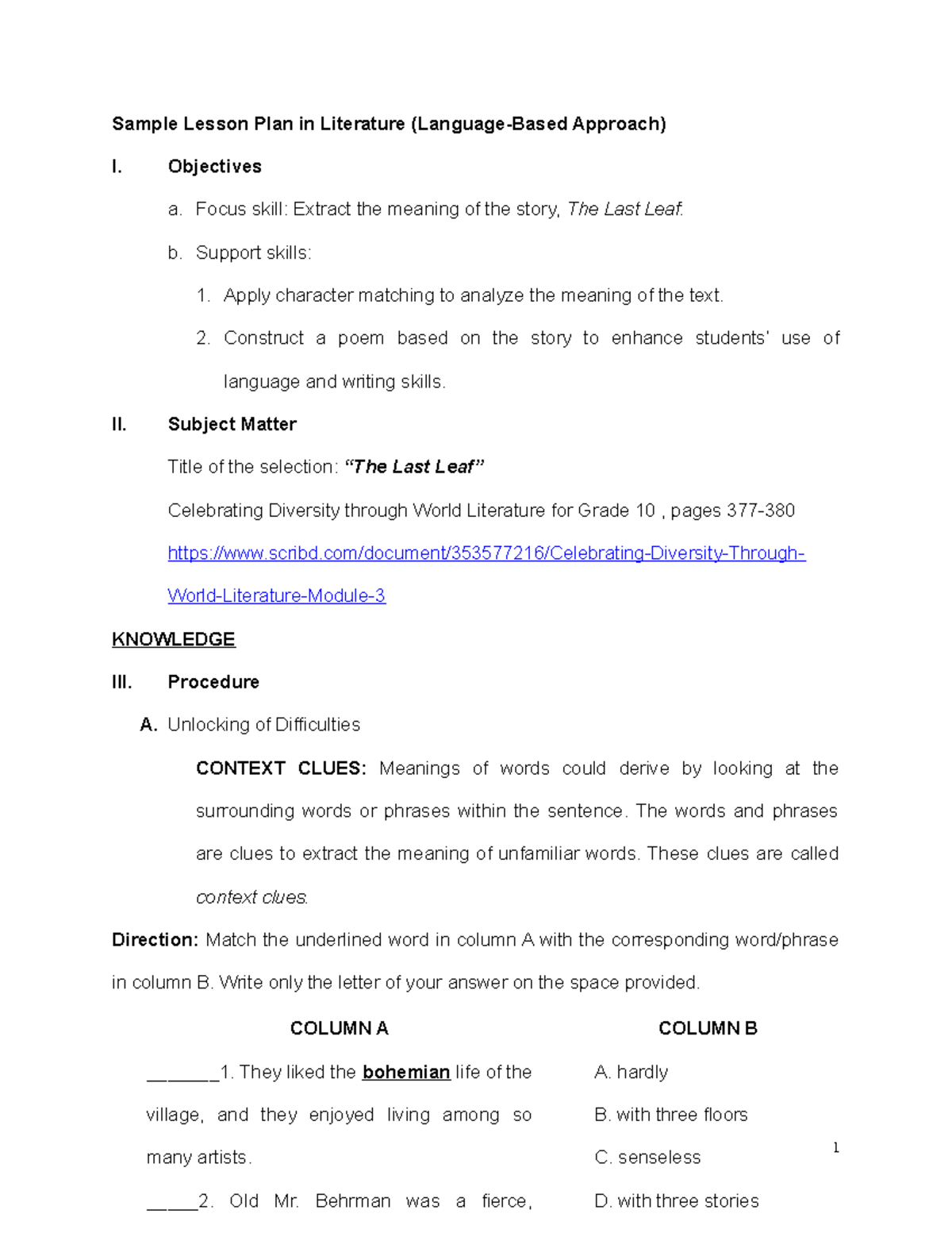 Sample Lesson Plan In Literature The Last Leaf BSED English BulSU 