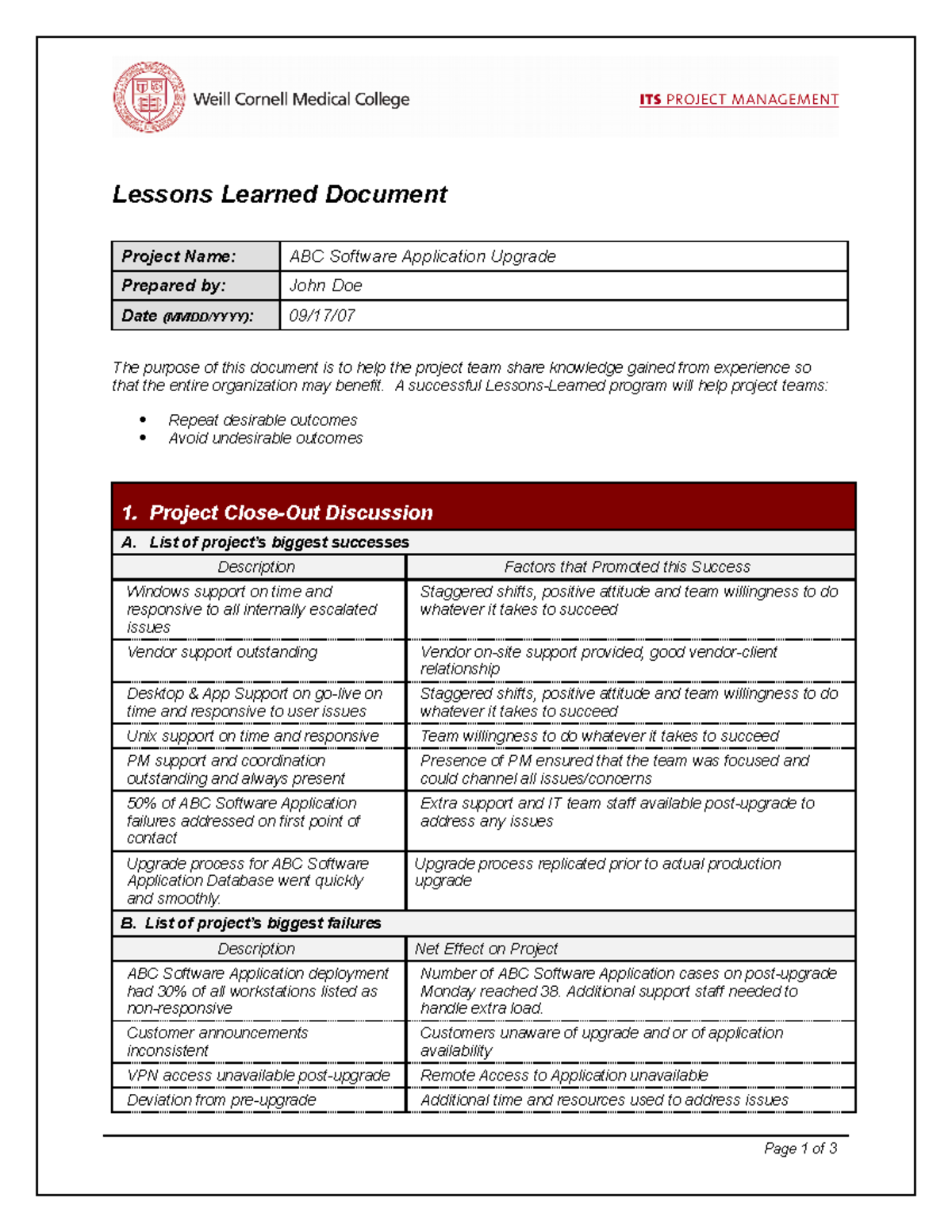 Lessons Learned Document Sample - Lessons Learned Document Project Name ...