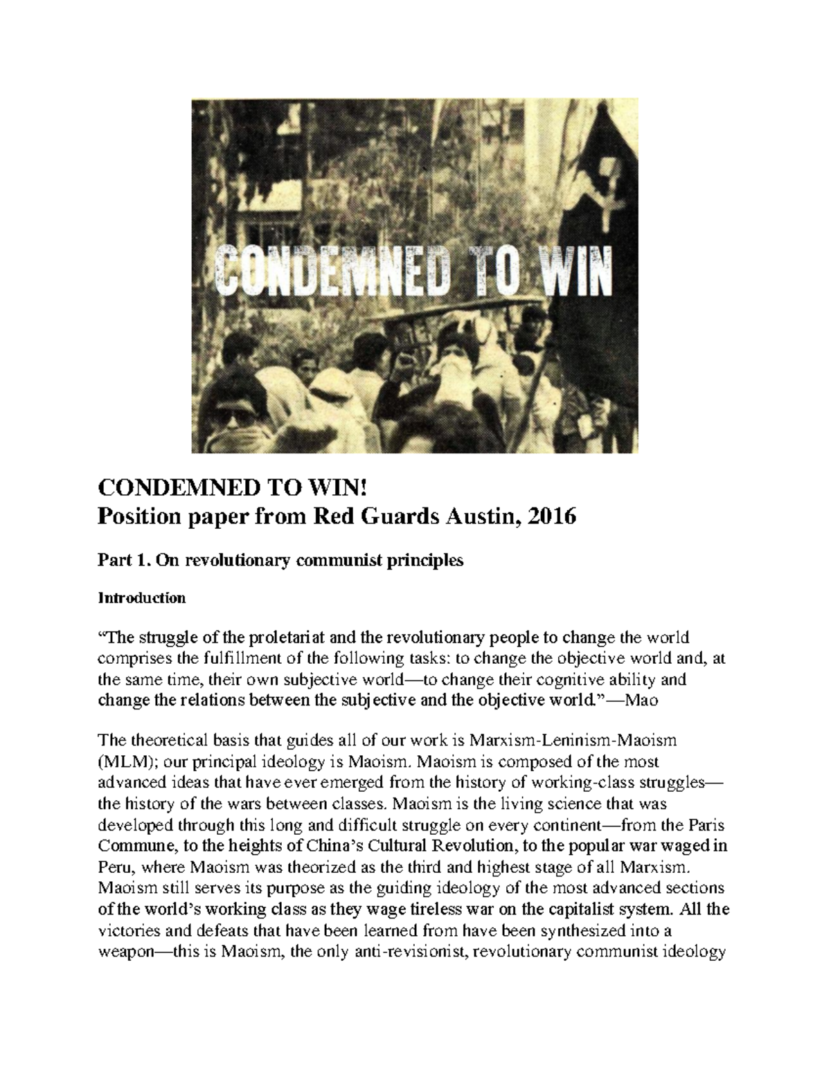Condemned to Win (Red Guards Austin) CONDEMNED TO WIN! Position paper