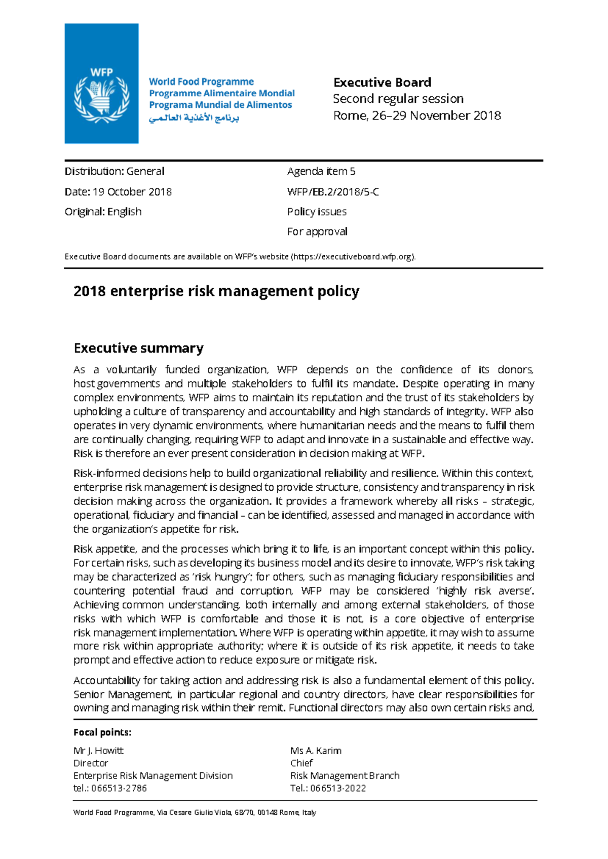 WFP-0000099393 - Focal points: Mr J. Howitt Director Enterprise Risk ...