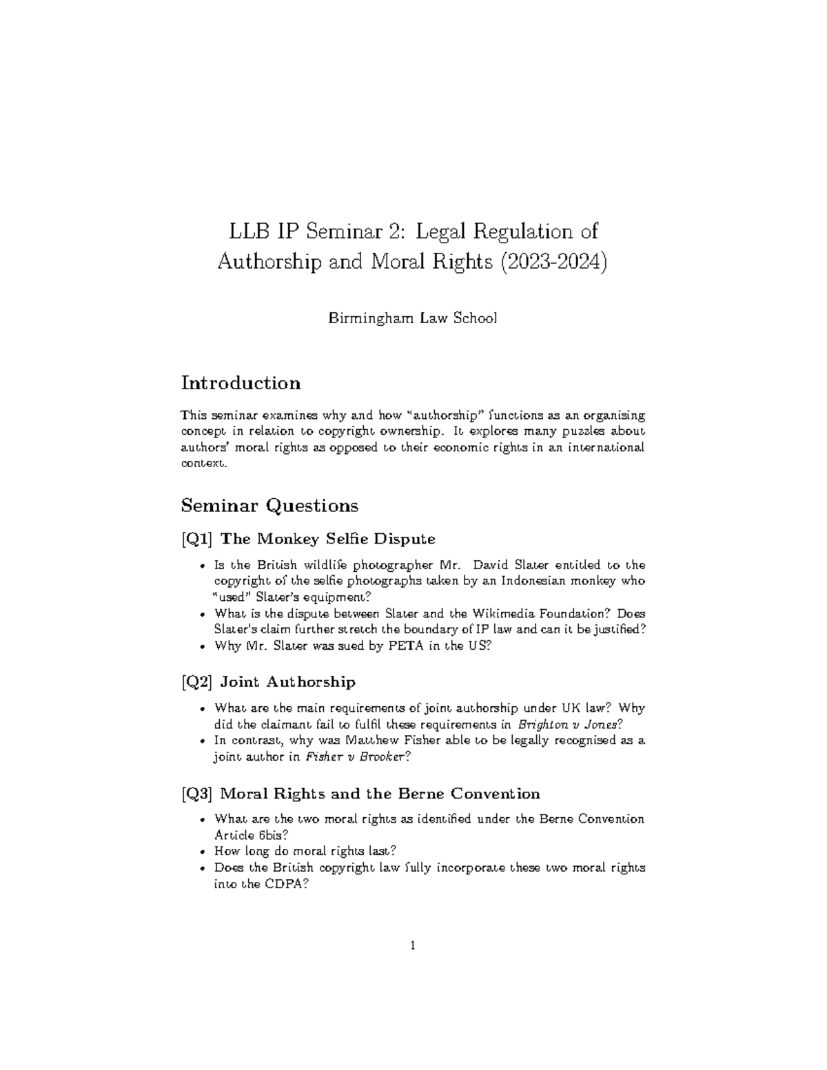 Seminar 2 authorship moral Rights 2023 24 - LLB IP Seminar 2: Legal ...
