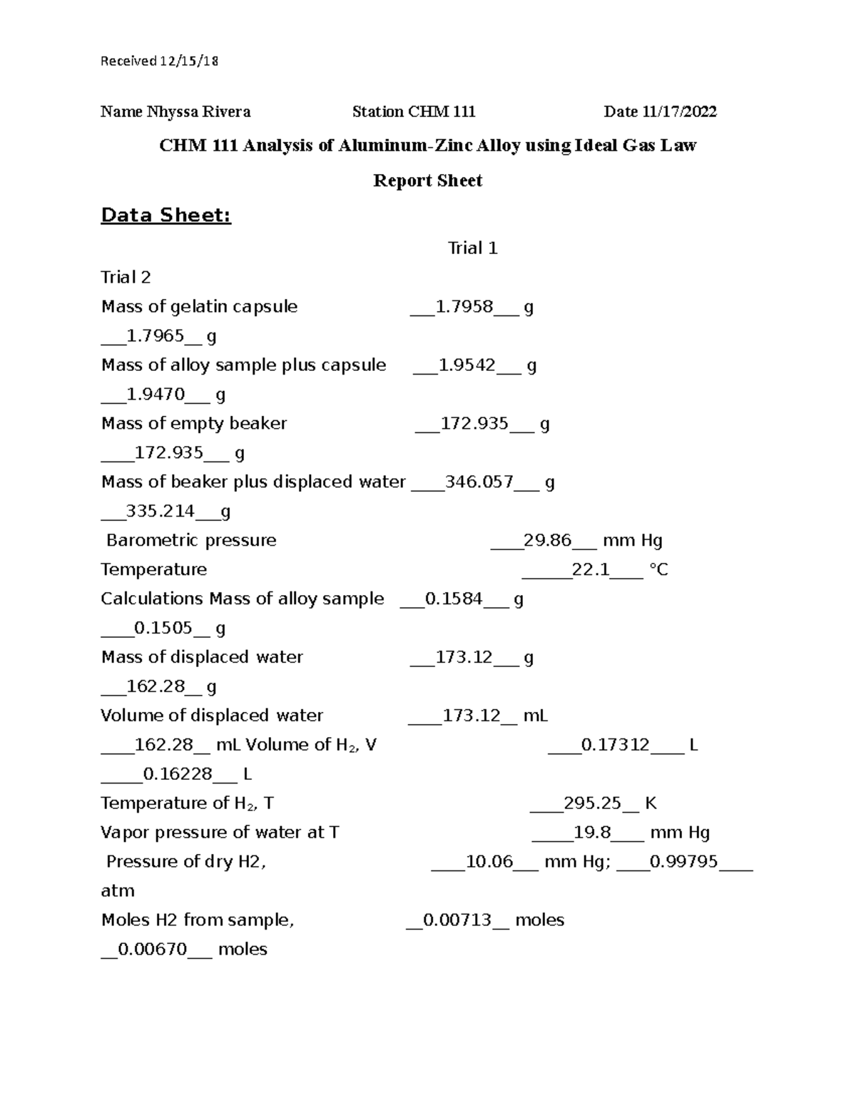 Week 9Exp7Report Sheet and PostLab QuestionsAnalysis of Aluminum