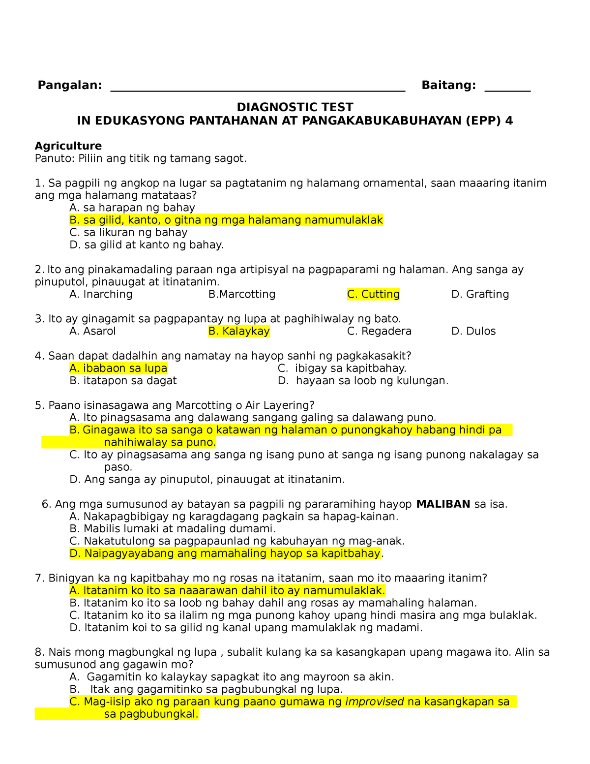 Diagnostic Test In Epp 4 Pangalan