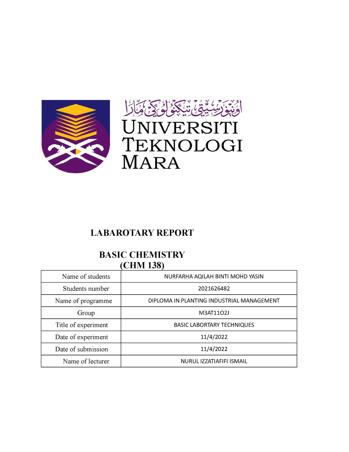 CHM138 LAB REPORT 1 - LABAROTARY REPORT BASIC CHEMISTRY (CHM 138) Name ...