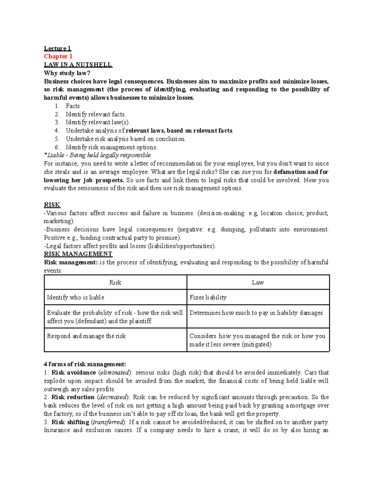 Business Law LAW122 Notes Class 1-5 for Midterm - Lecture 1 Chapter 1 ...