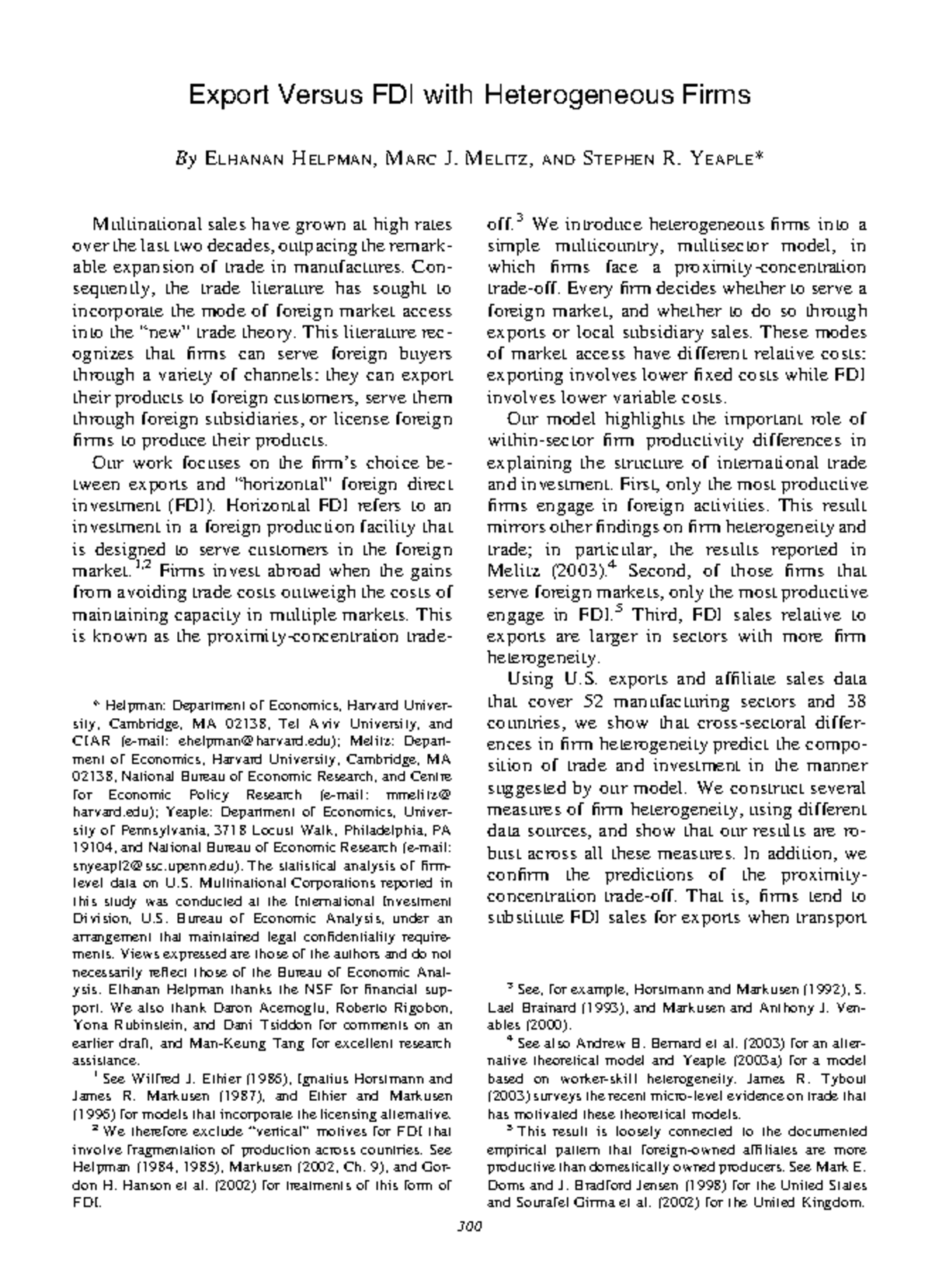 Exportsvsfdi aer - Economic paper - Export Versus FDI with ...
