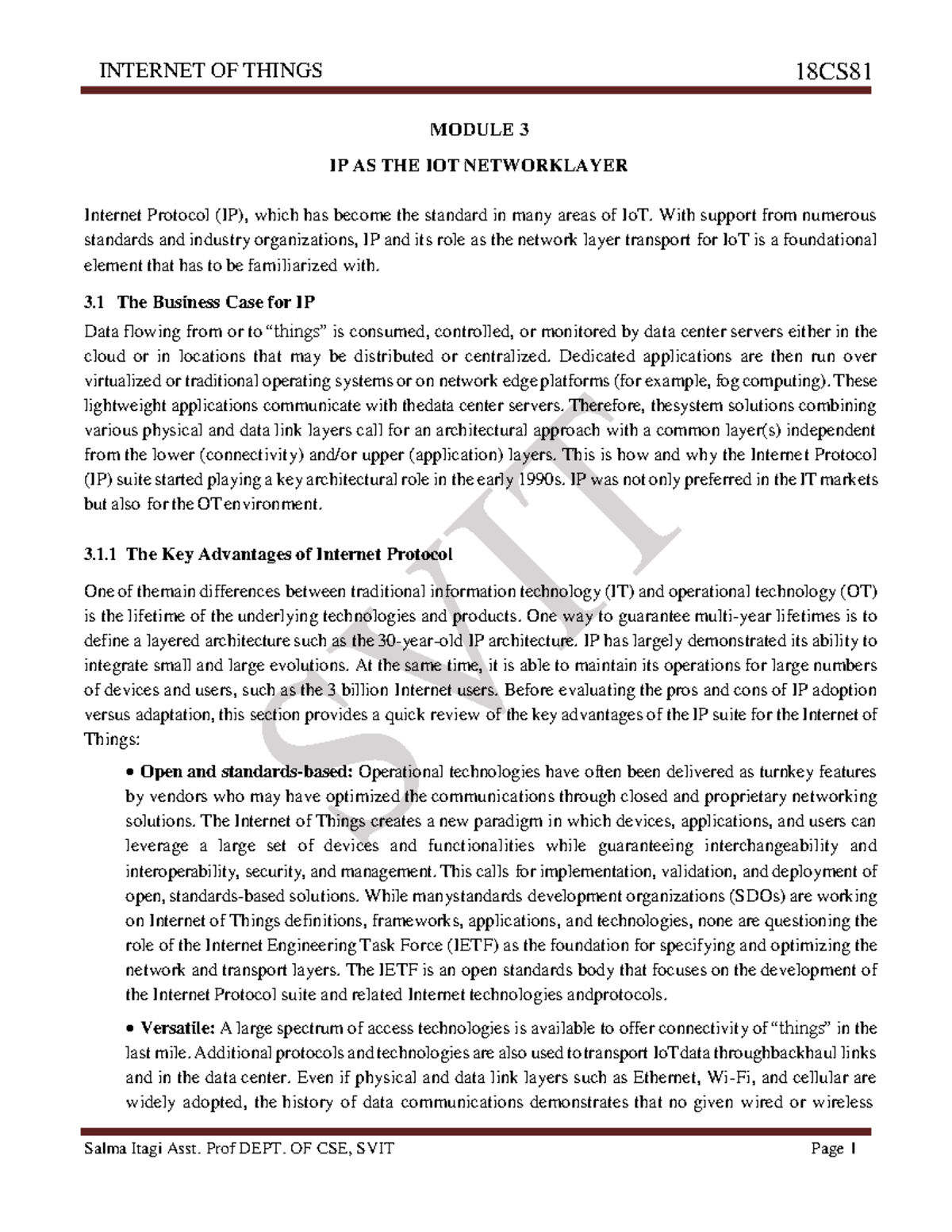 Module 3 - MODULE 3 IP AS THE IOT NETWORKLAYER Internet Protocol (IP ...