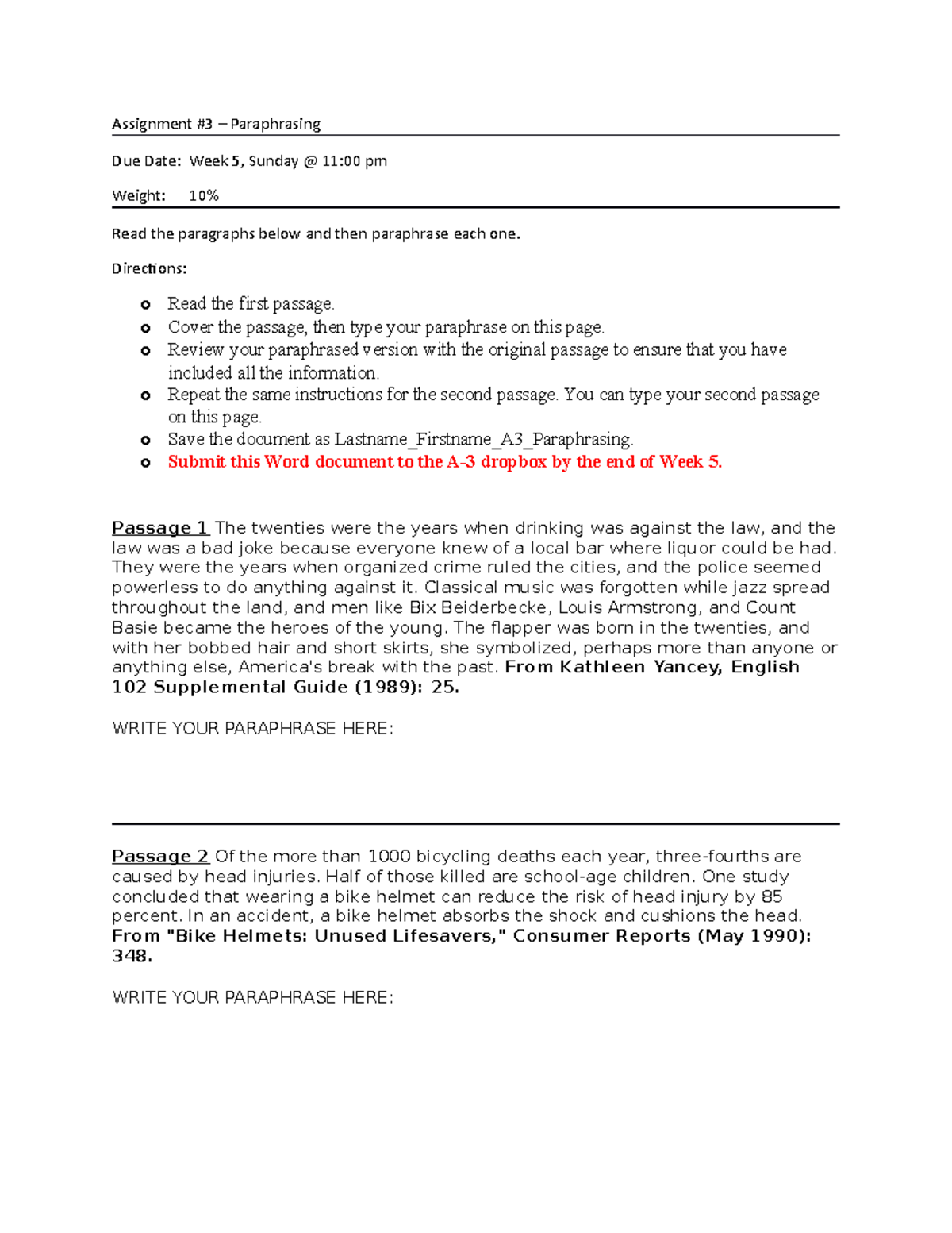 Assignment+#3 Paraphrasing 2 - Assignment #3 – Paraphrasing Due Date ...
