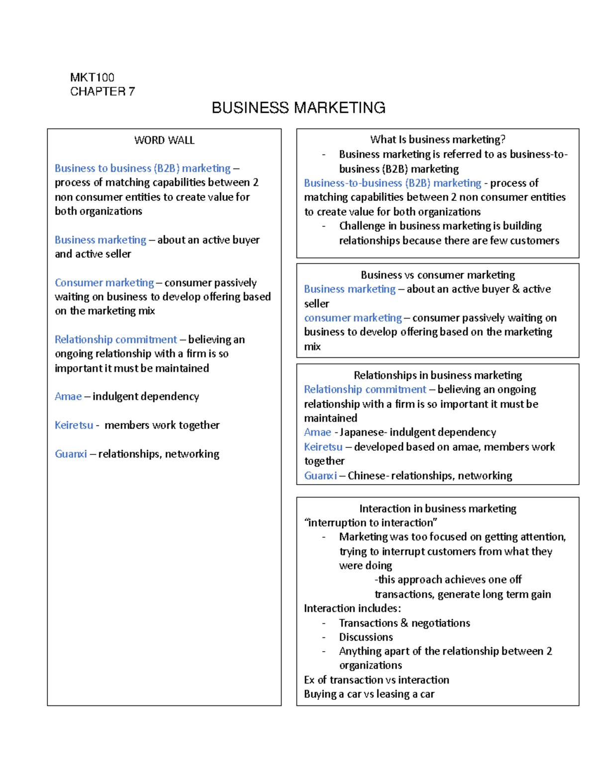 MKT100 Chapter 7 Notes - MKT CHAPTER 7 BUSINESS MARKETING WORD WALL ...