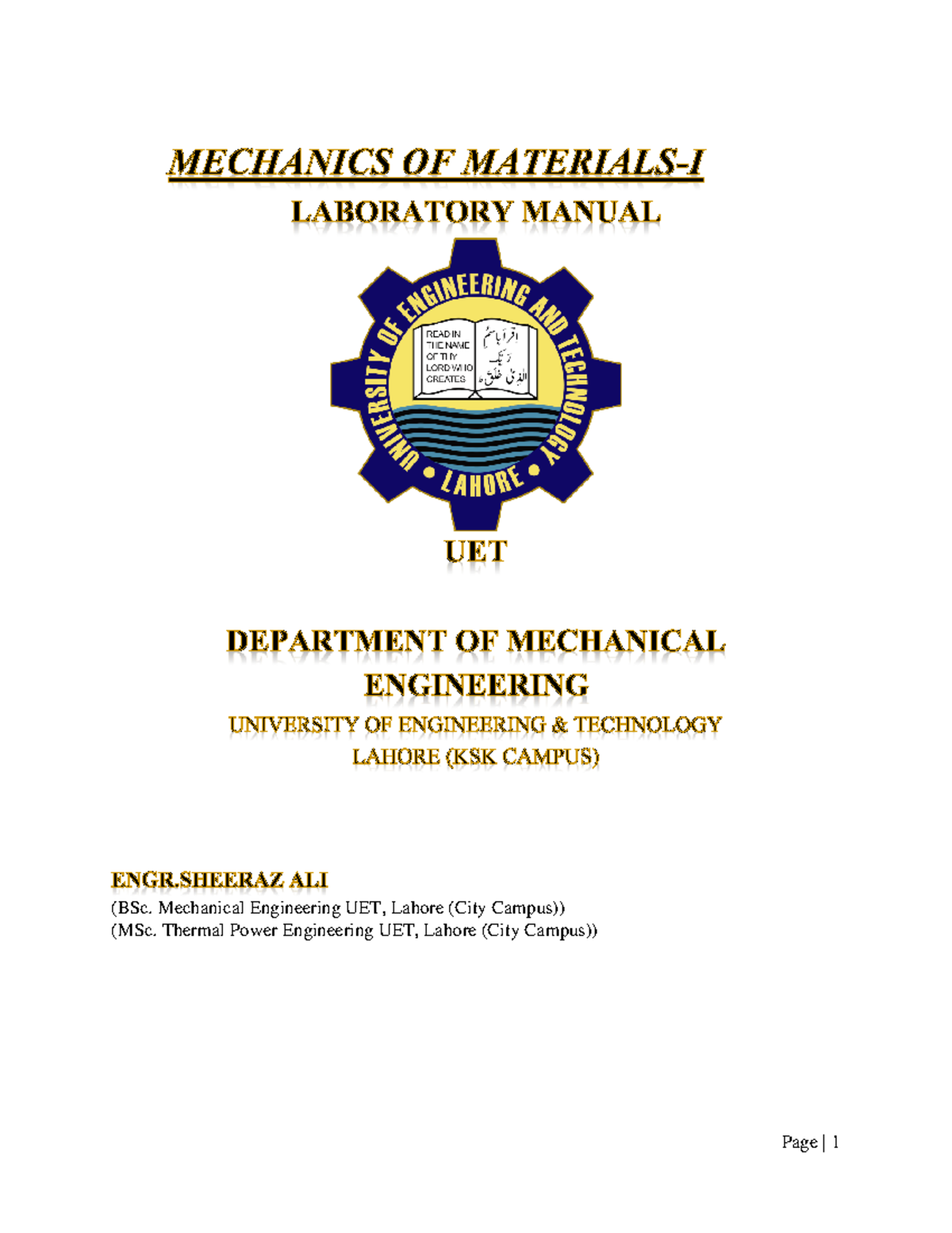 Mechanics Of Materials 1 Lab Manual For Department Of Mechanical ...