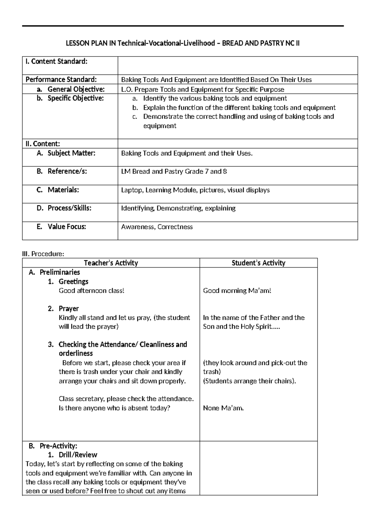 First week bread and pastry - LESSON PLAN IN Technical-Vocational ...