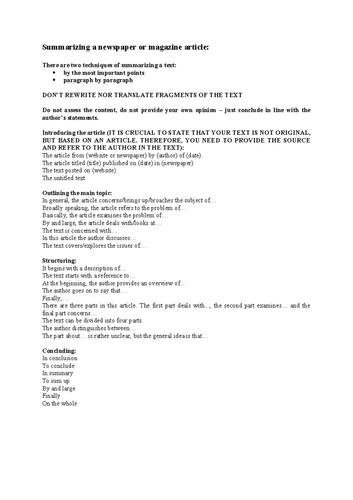 Summary-Style-sheet - summary - Summarizing a newspaper or magazine ...