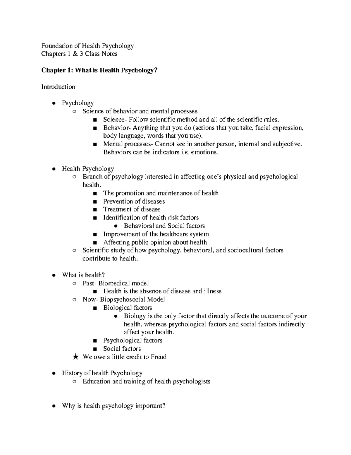 PSY 2601 Chapter 1 & 3 Class Notes - Fo”nda“ion of Heal“h Psychology ...