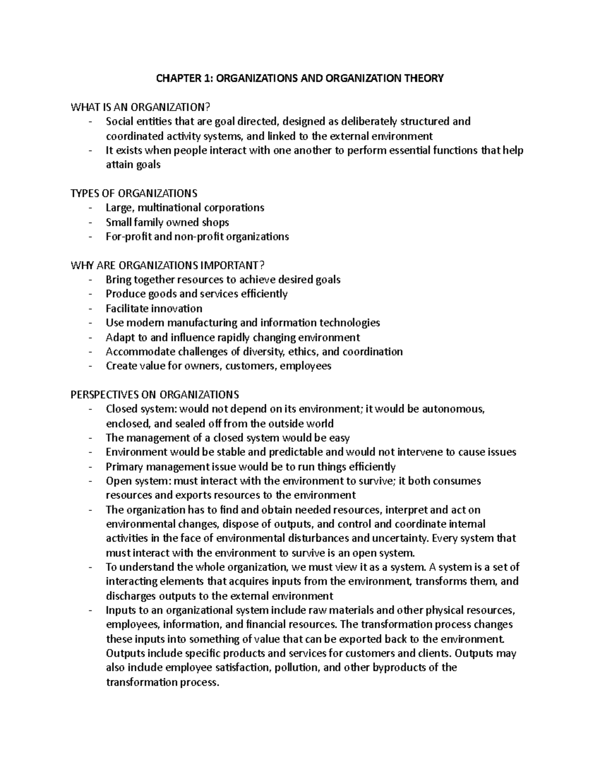 Midterm Notes - ADMS 4010 - CHAPTER 1: ORGANIZATIONS AND ORGANIZATION ...