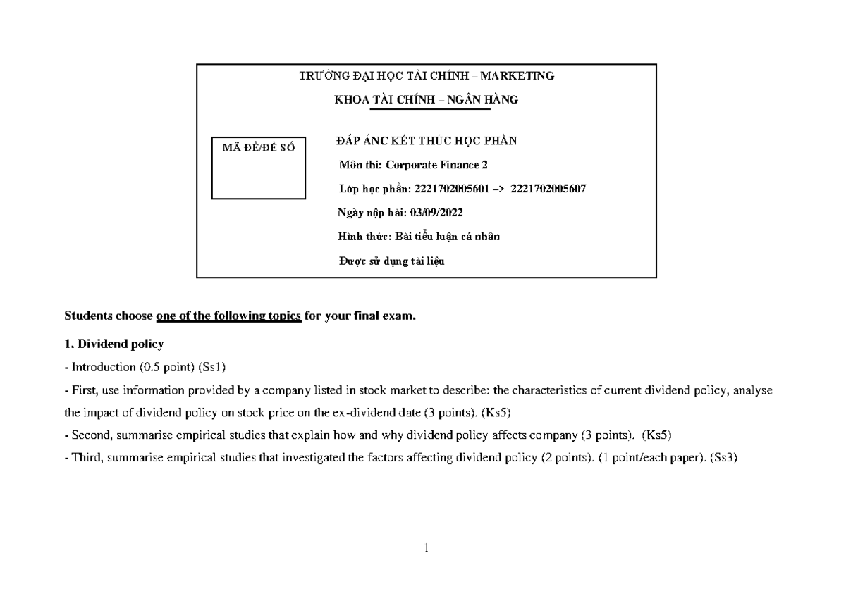 Assignment (Corporate finance 2) Marking scheme HK2 2022 TR ̄àNG ĐẠI HÞC TÀI CHÍNH