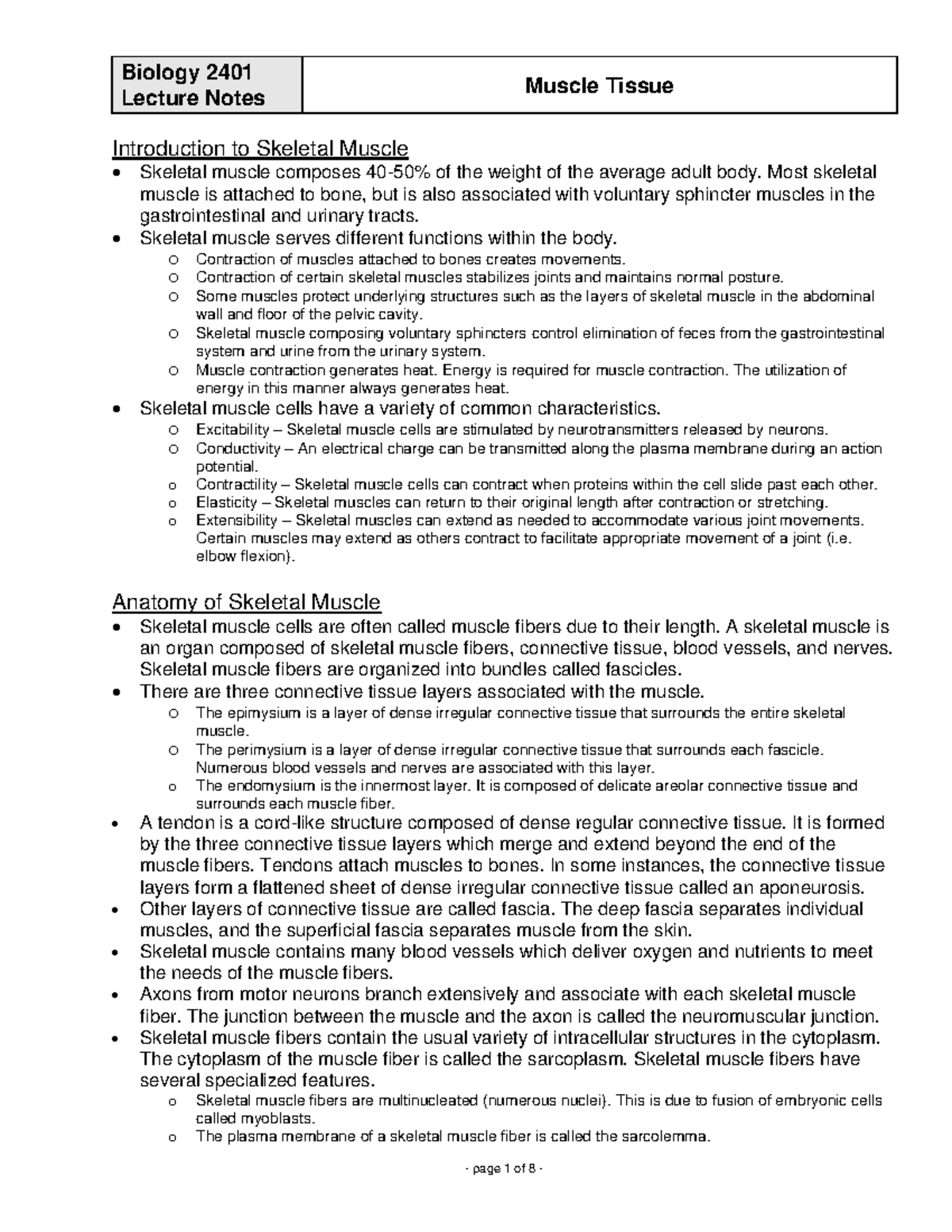 Muscle tissue - Lecture Notes Muscle Tissue Introduction to Skeletal ...