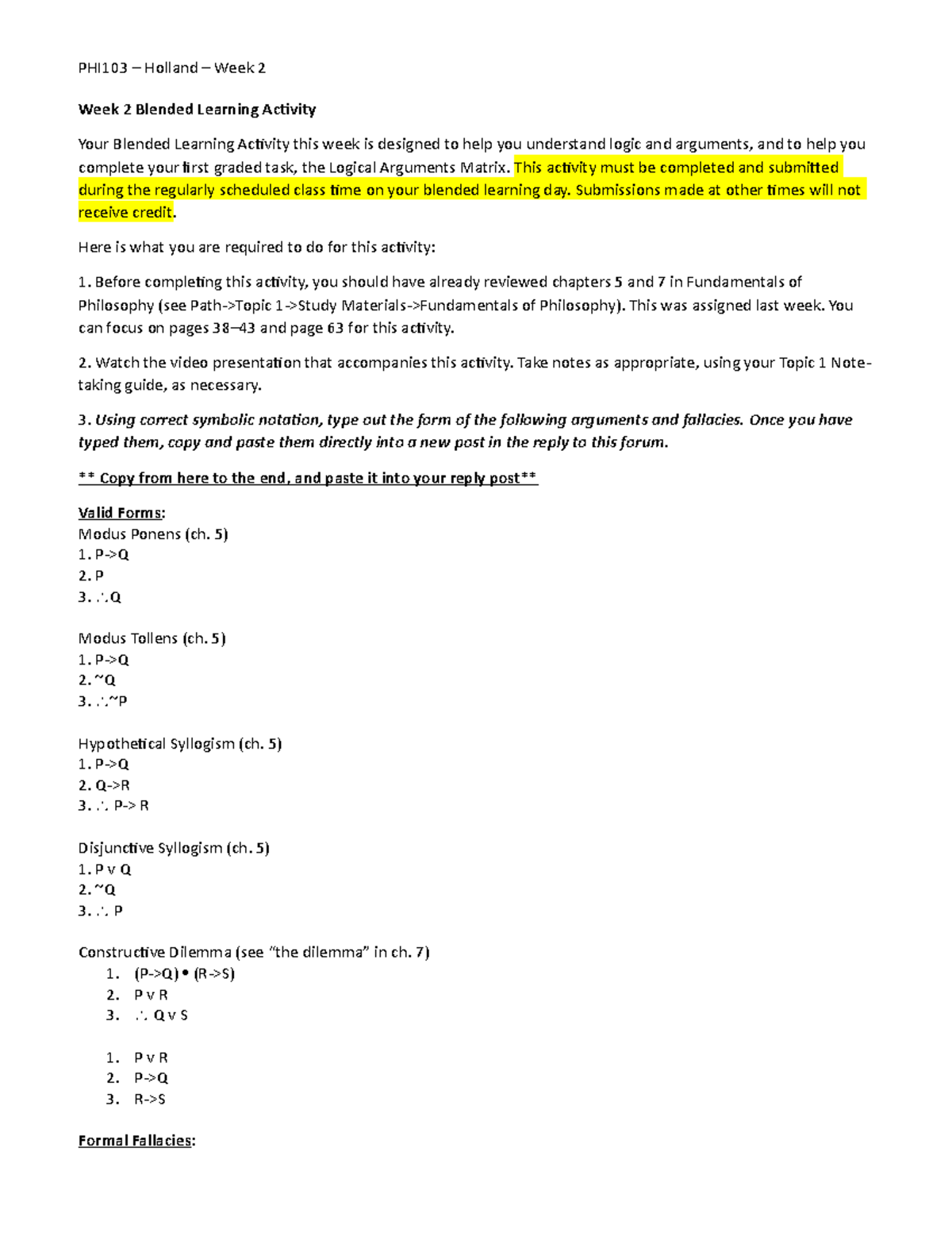 Week 2 Blended Learning Activity - PHI103 – Holland – Week 2 Week 2 ...
