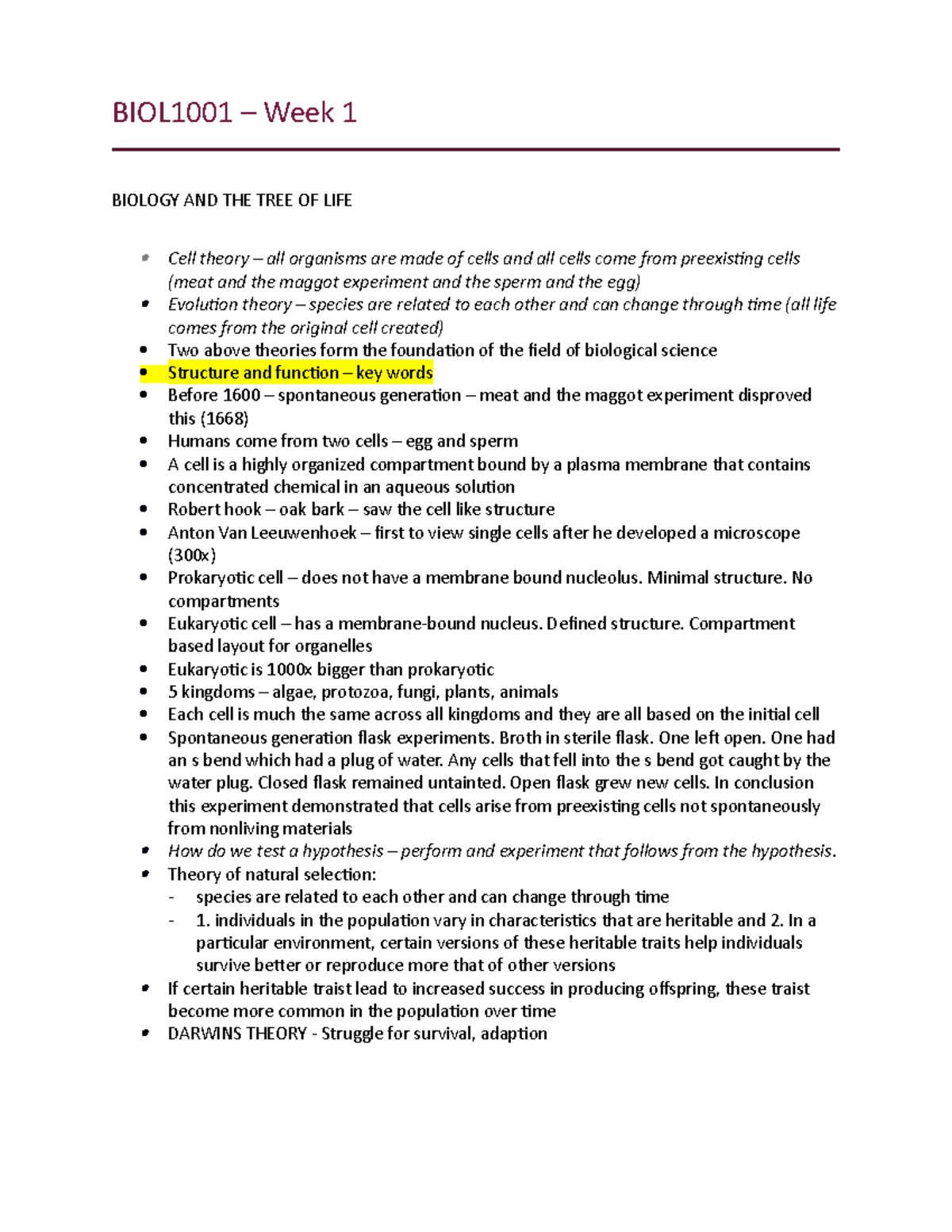 BIOL1001 Week 1 - Lecture Notes 1 - BIOL1001 – Week 1 BIOLOGY AND THE ...