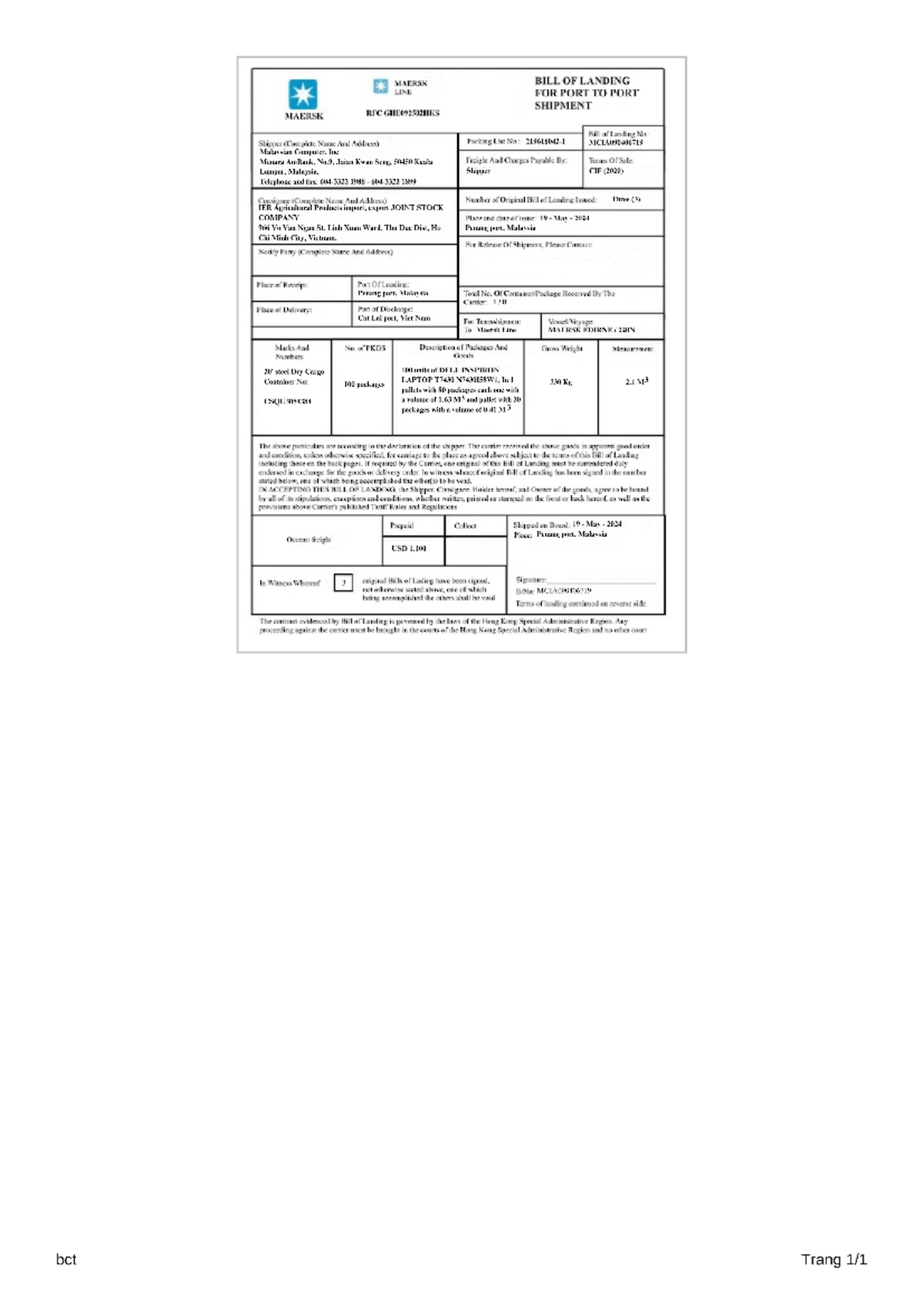 Vận đơn đường biển- 3 bản gốc - MAERSK BILL OF LANDING LINE FOR PORT TO ...