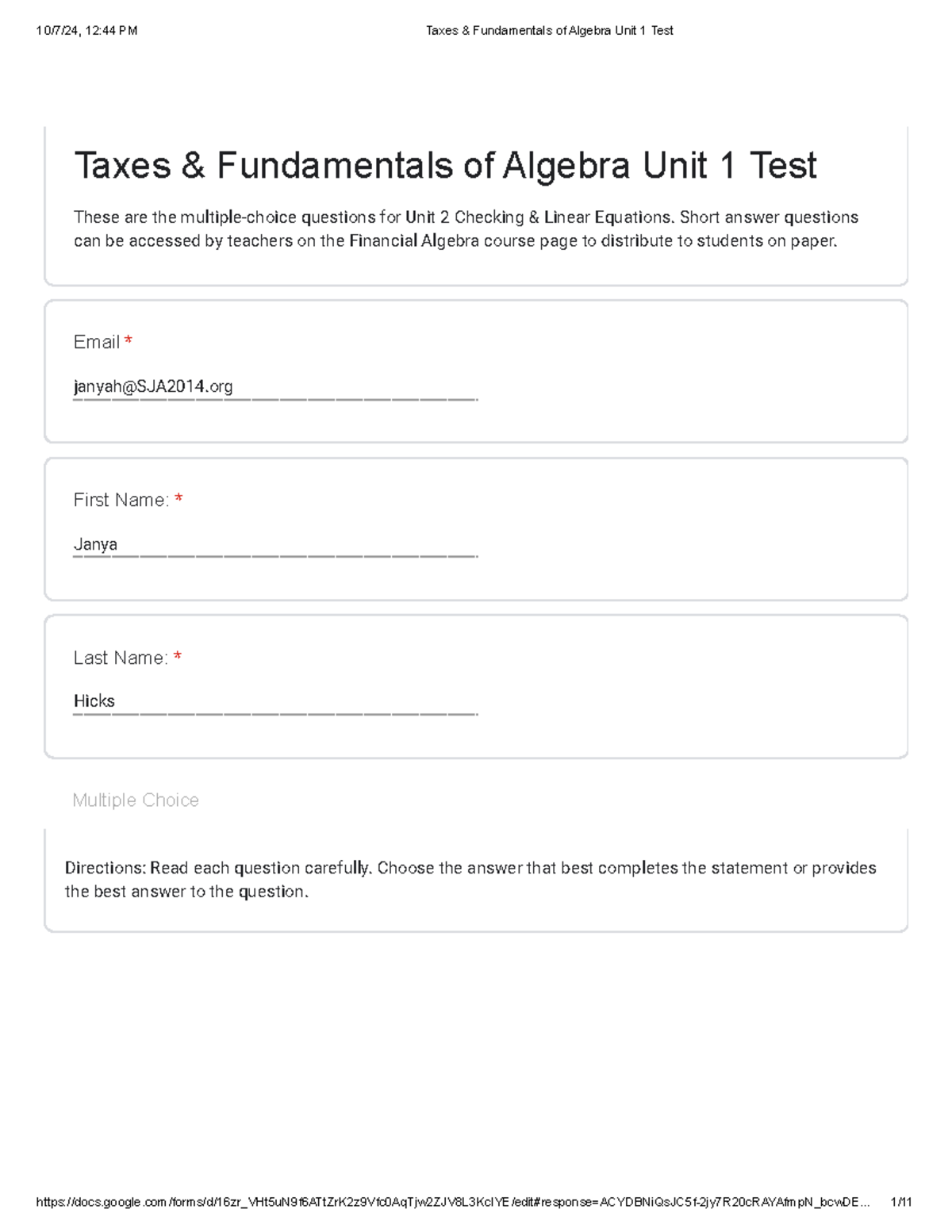 Janyah Unit 1 Assessment - Email * janyah@SJA2014 Janya Hicks Multiple ...