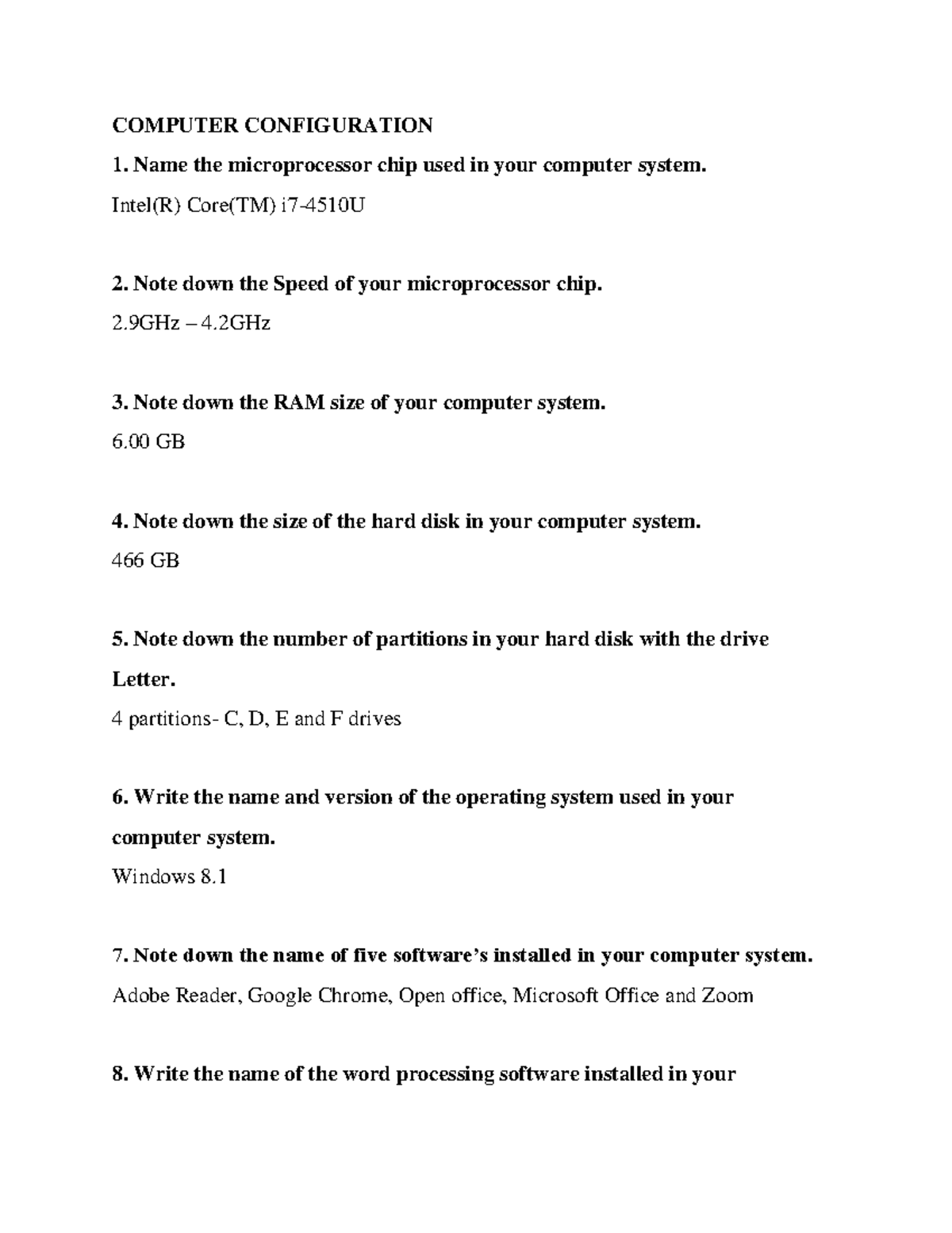 Practical Excercise 1 IT - COMPUTER CONFIGURATION Name the ...