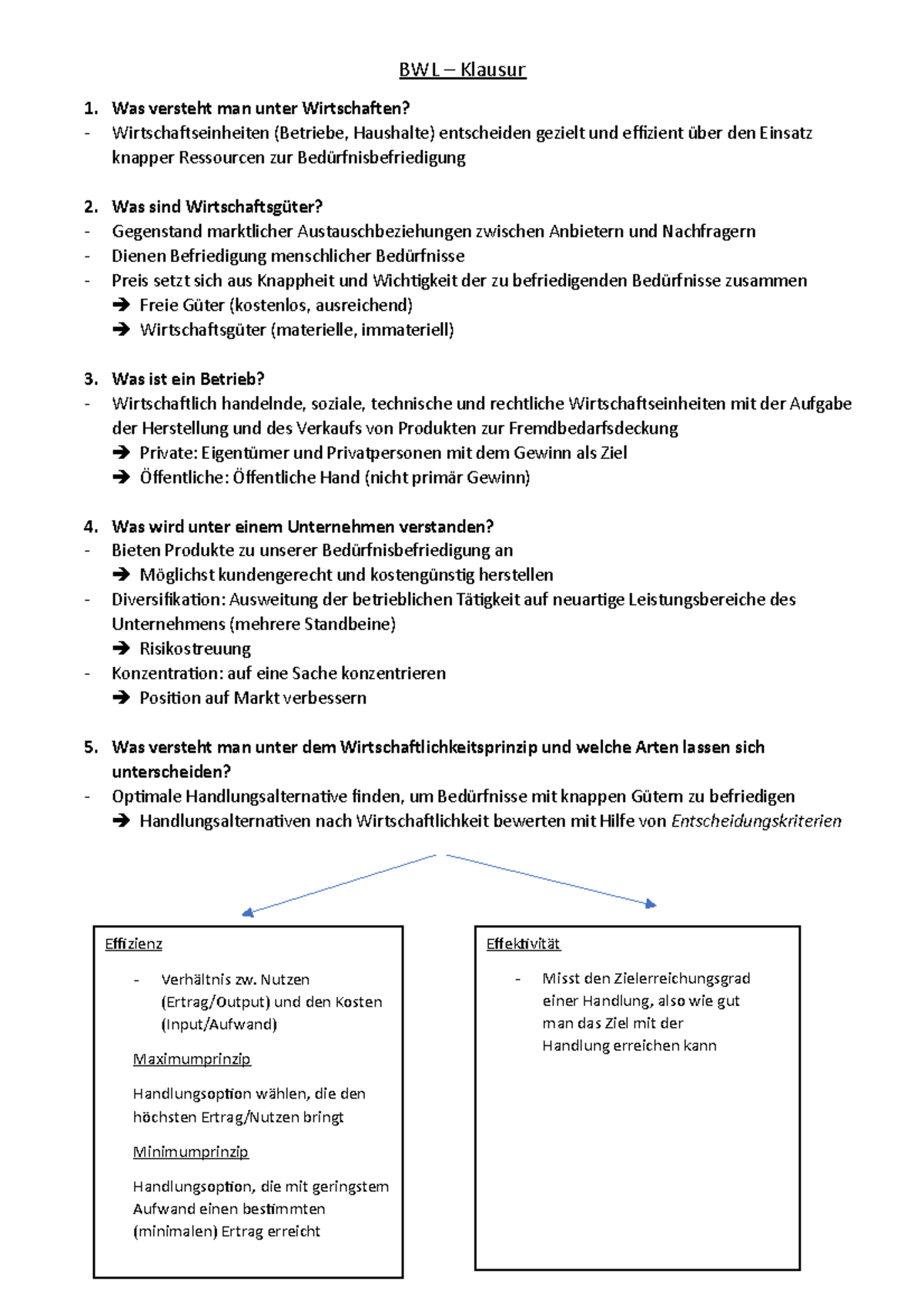 Grundkagen der BWL Fragenkatalog BWL Klausur 1. Was versteht man unter Wirtschaften? Studocu