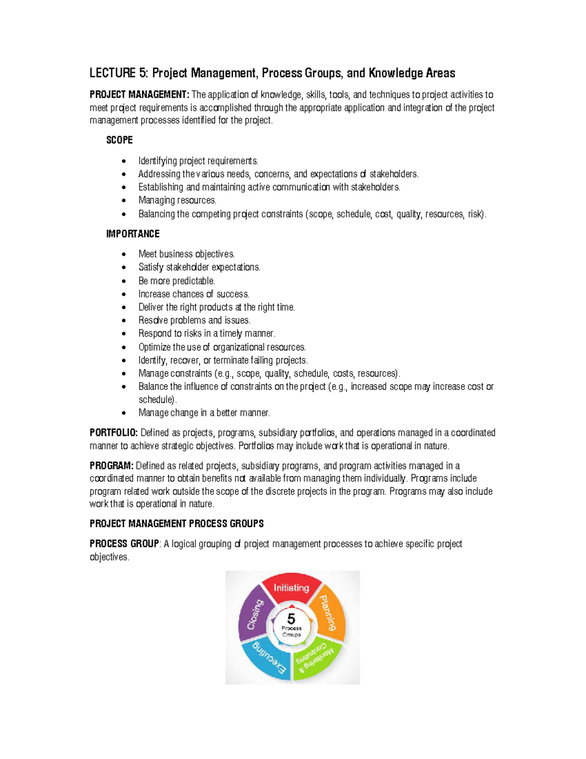 Lecture 5 Project Management, Process Groups, and Knowledge Areas