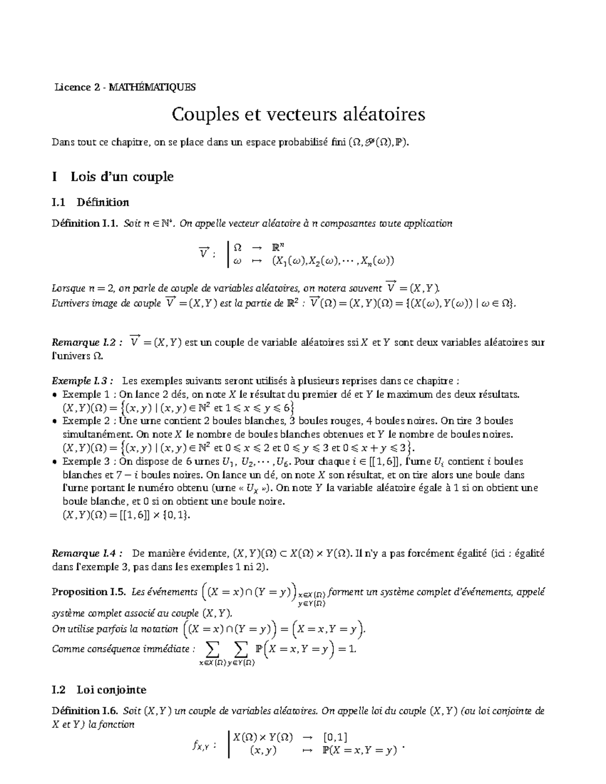 Couple et vecteurs aléatoires - Licence 2 - MATHÉMATIQUES Université ...