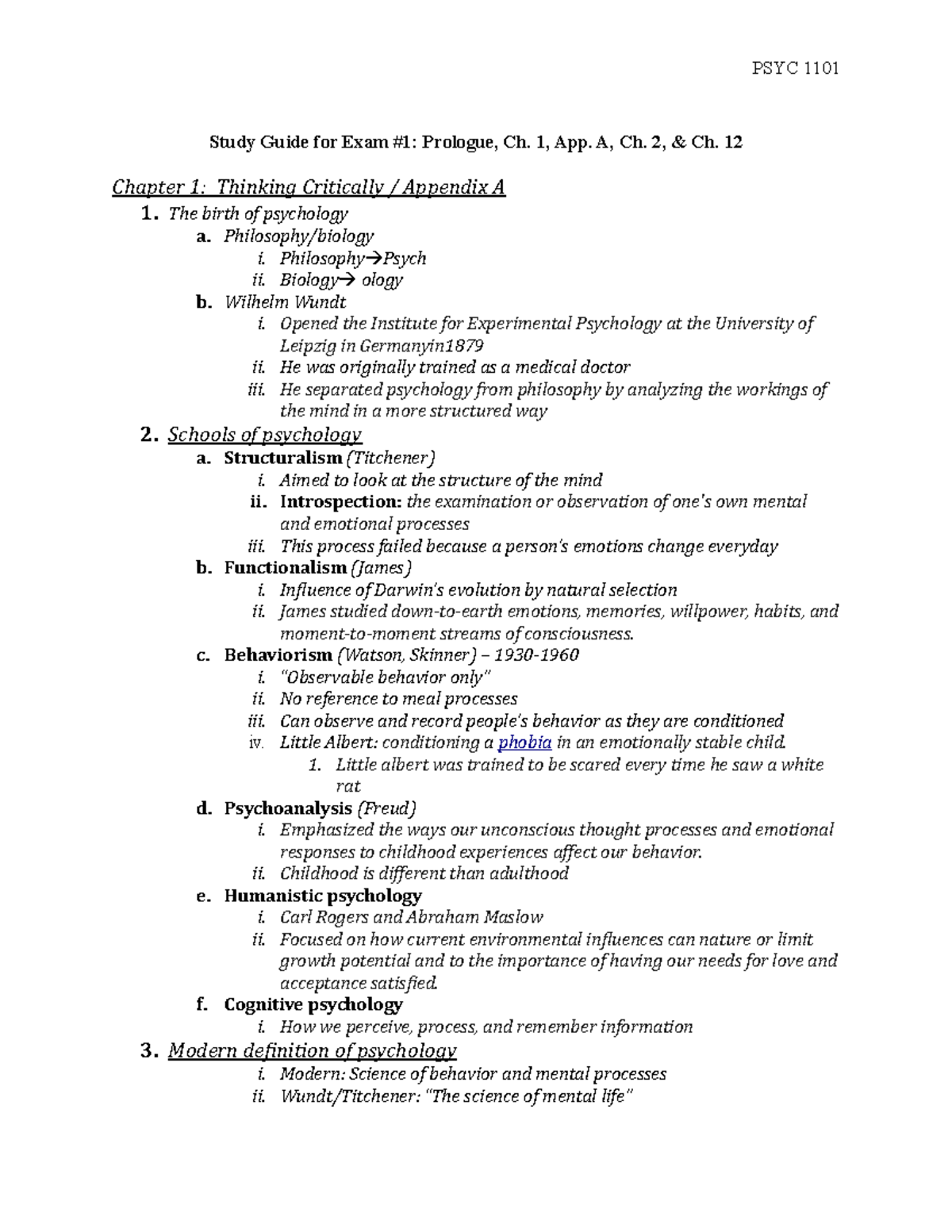 Psychology Study Guide - PSYC 1101 Study Guide for Exam Prologue, Ch. 1 ...