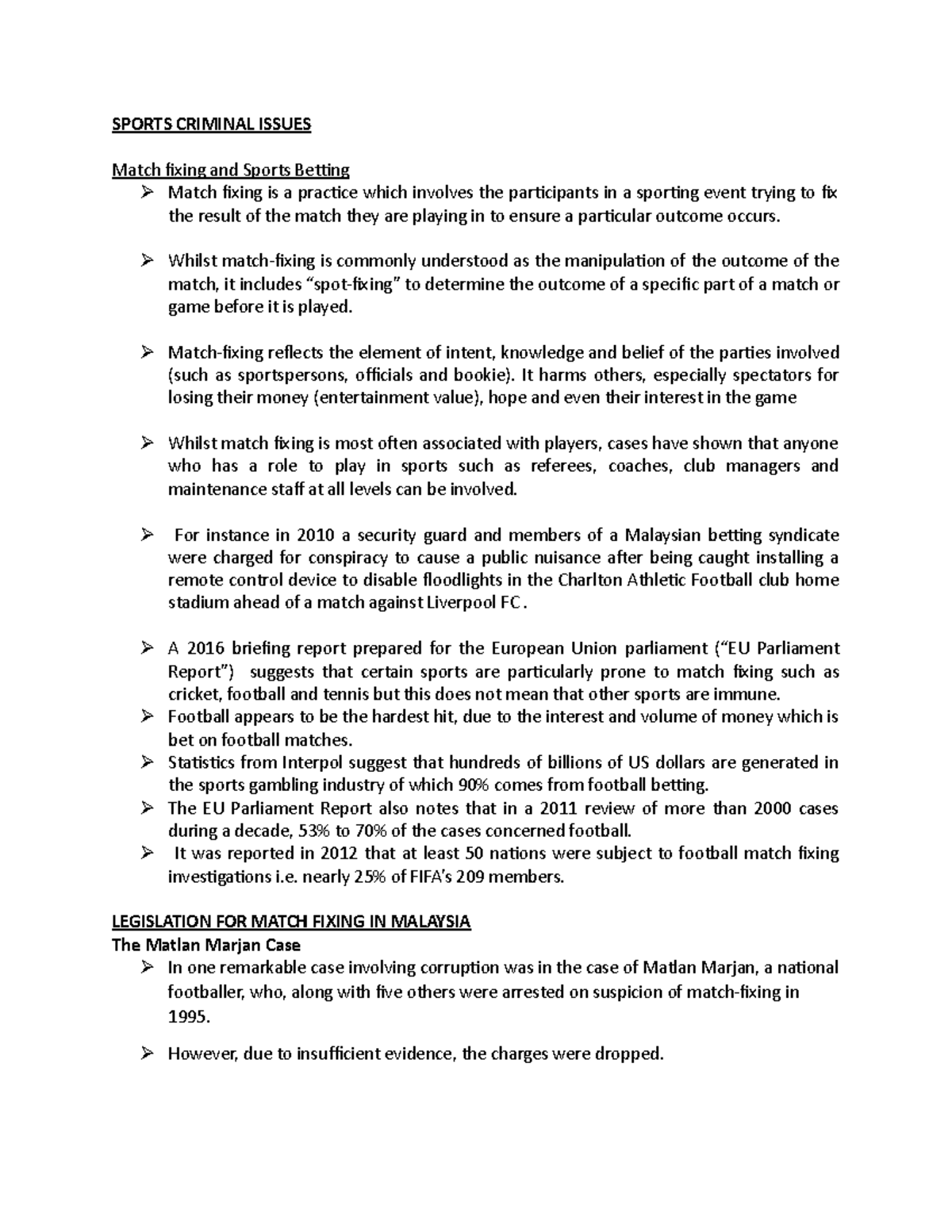 Sports Criminal Issues - SPORTS CRIMINAL ISSUES Match fixing and Sports ...