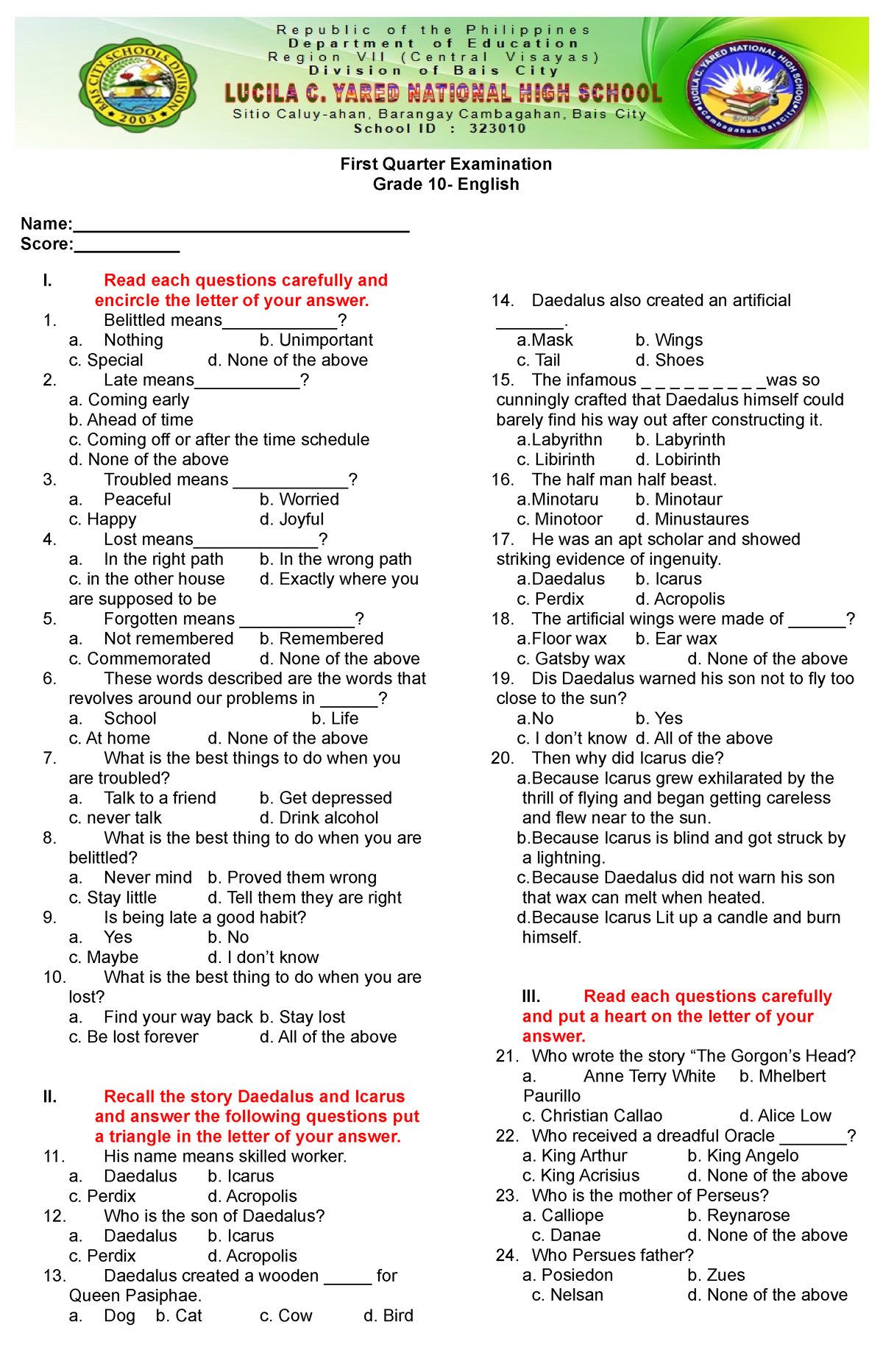 First Quarter TEST English 10 - I. Read Each Questions Carefully And ...