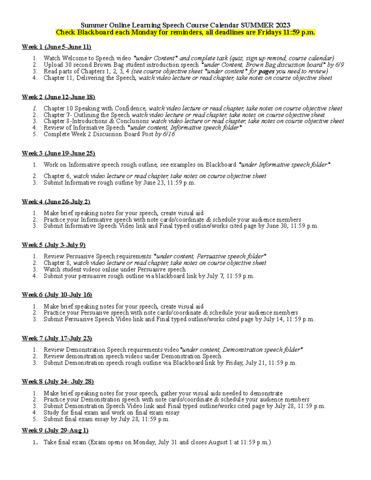 Summer 23 Course Calendar - Summer Online Learning Speech Course ...