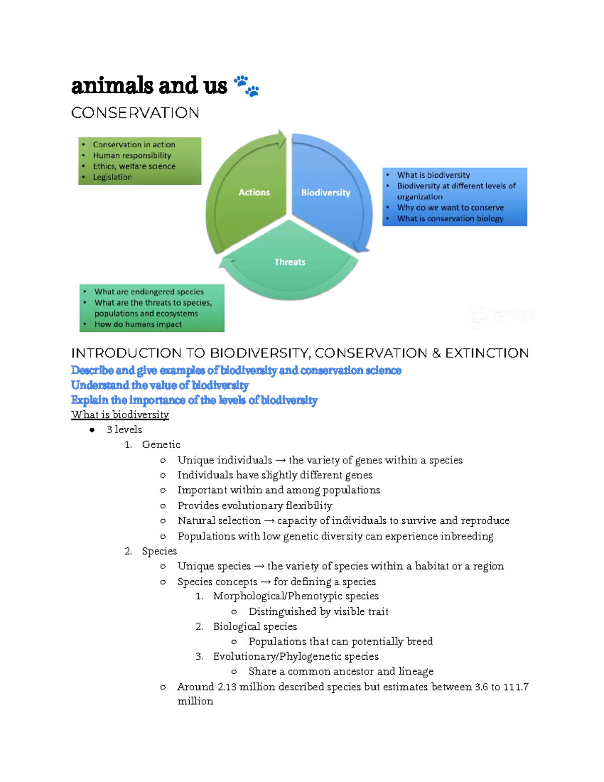AVBS1003 notes - animals and us 🐾 CONSERVATION INTRODUCTION TO ...