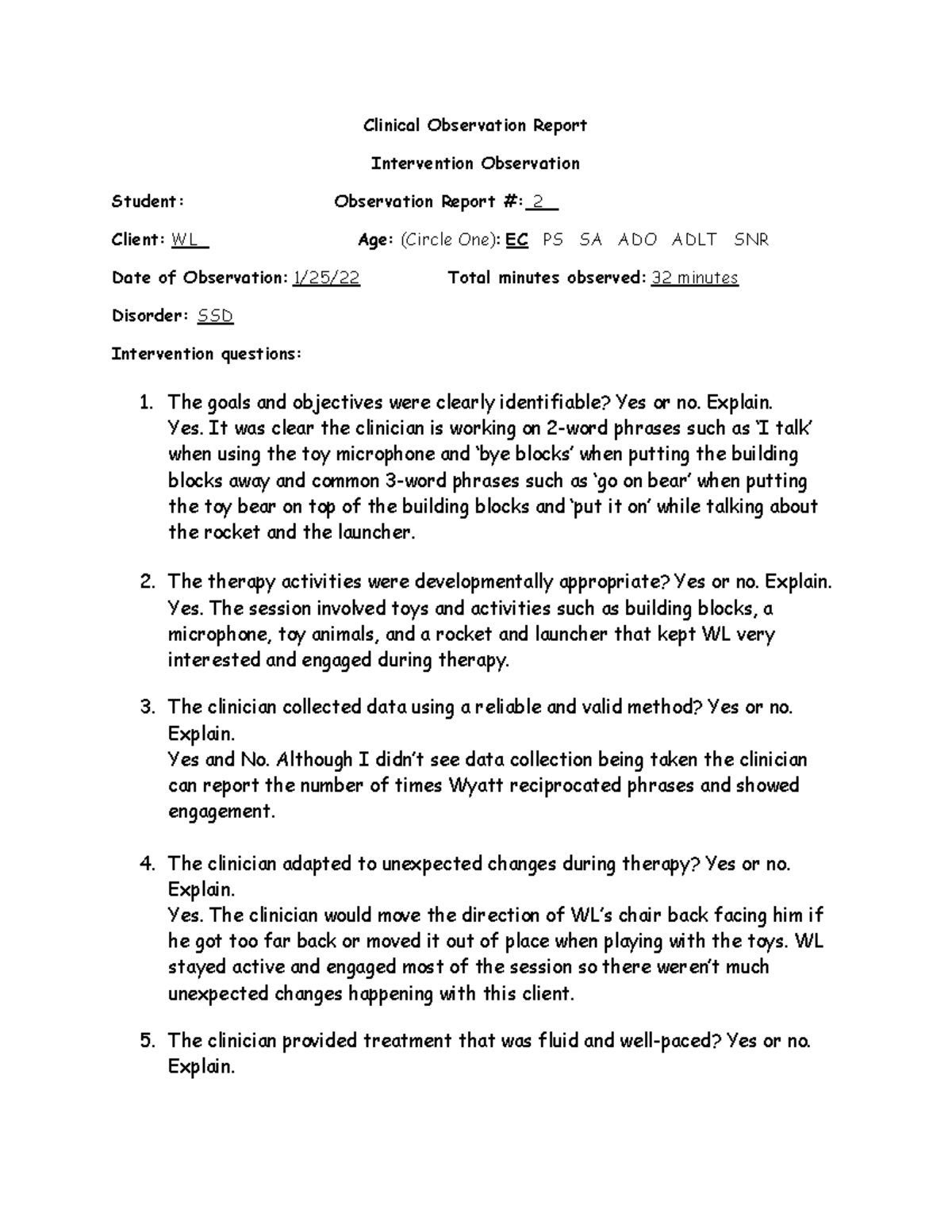Clinical Observation Report #2 WL - Clinical Observation Report ...