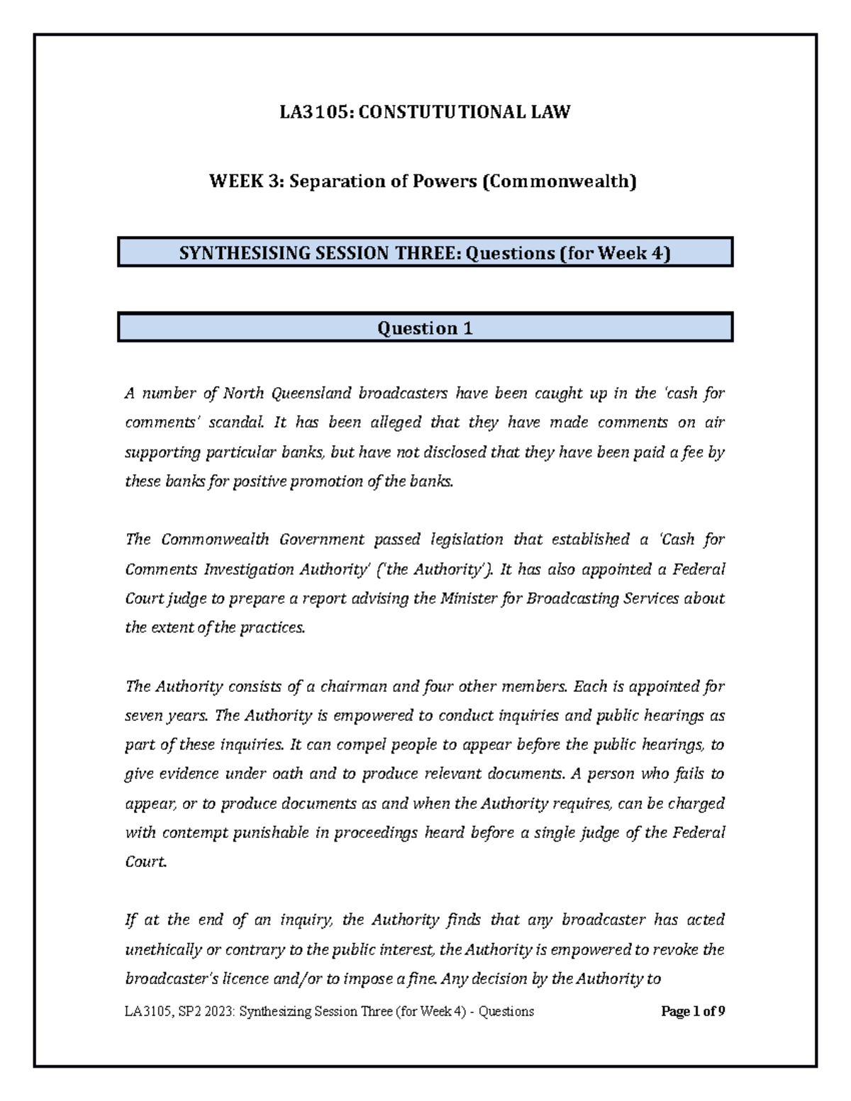 Tutorial 3 - LA3105: CONSTUTUTIONAL LAW WEEK 3: Separation of Powers ...