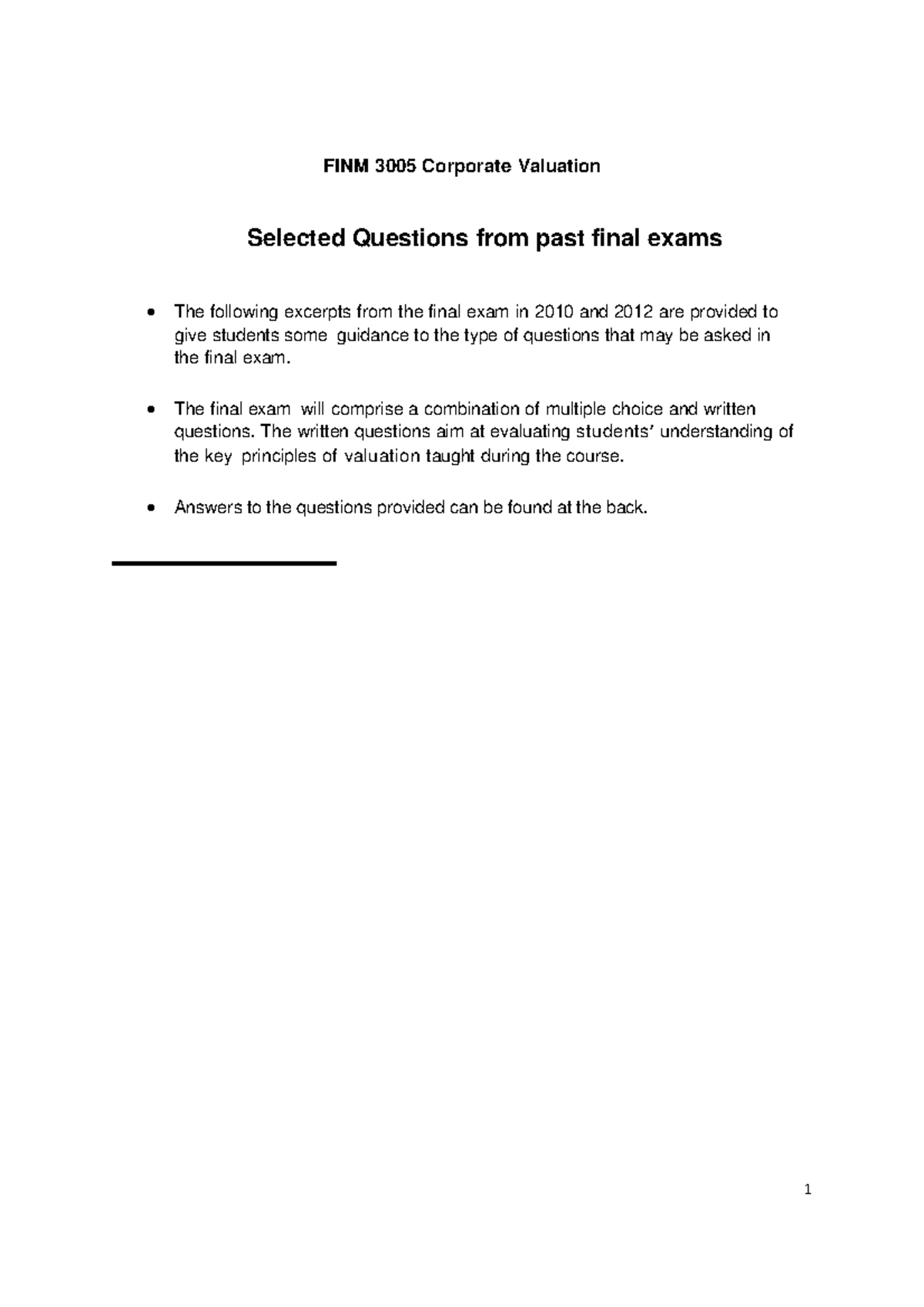 FINM3005 Past Final Exam - questions and answers - FINM 3005 Corporate ...