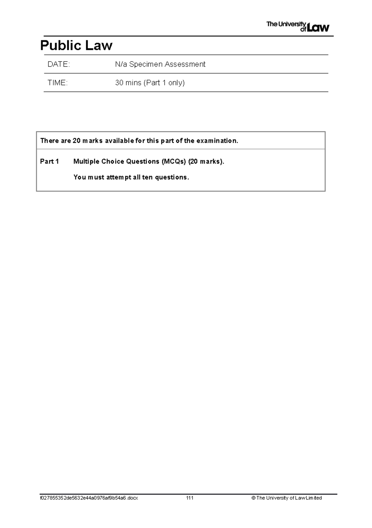 2223 pub ce01 specimen assessment Public Law DATE N/a Specimen