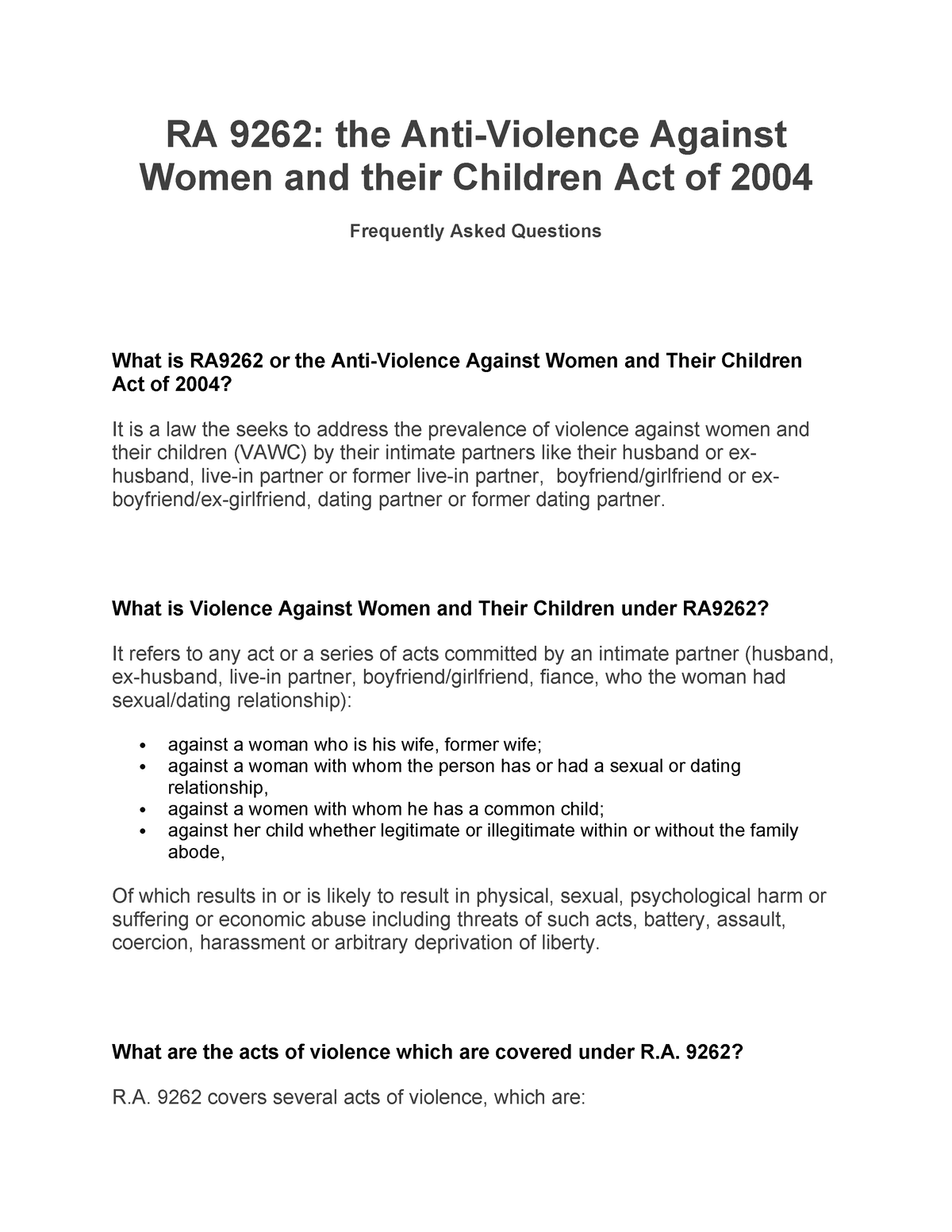 VAWC - VACW - RA 9262: the Anti-Violence Against Women and their ...