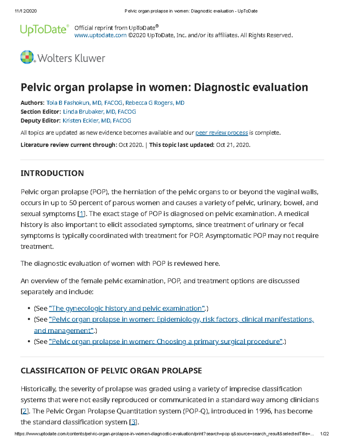 Pelvic organ prolapse in women Diagnostic evaluation Up To Date - - Studocu