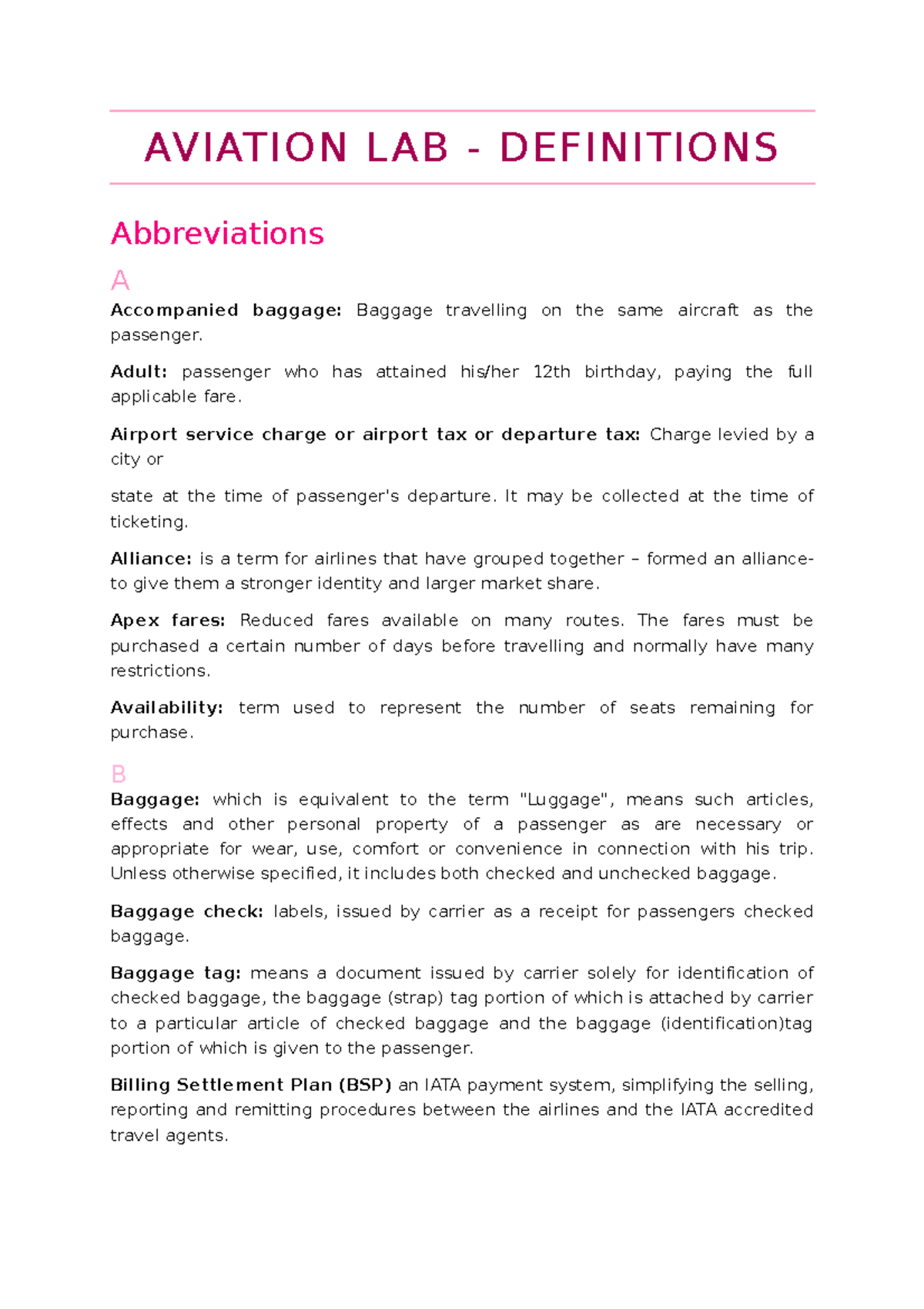 Aviation lab definitions AVIATION LAB DEFINITIONS Abbreviations A baggage