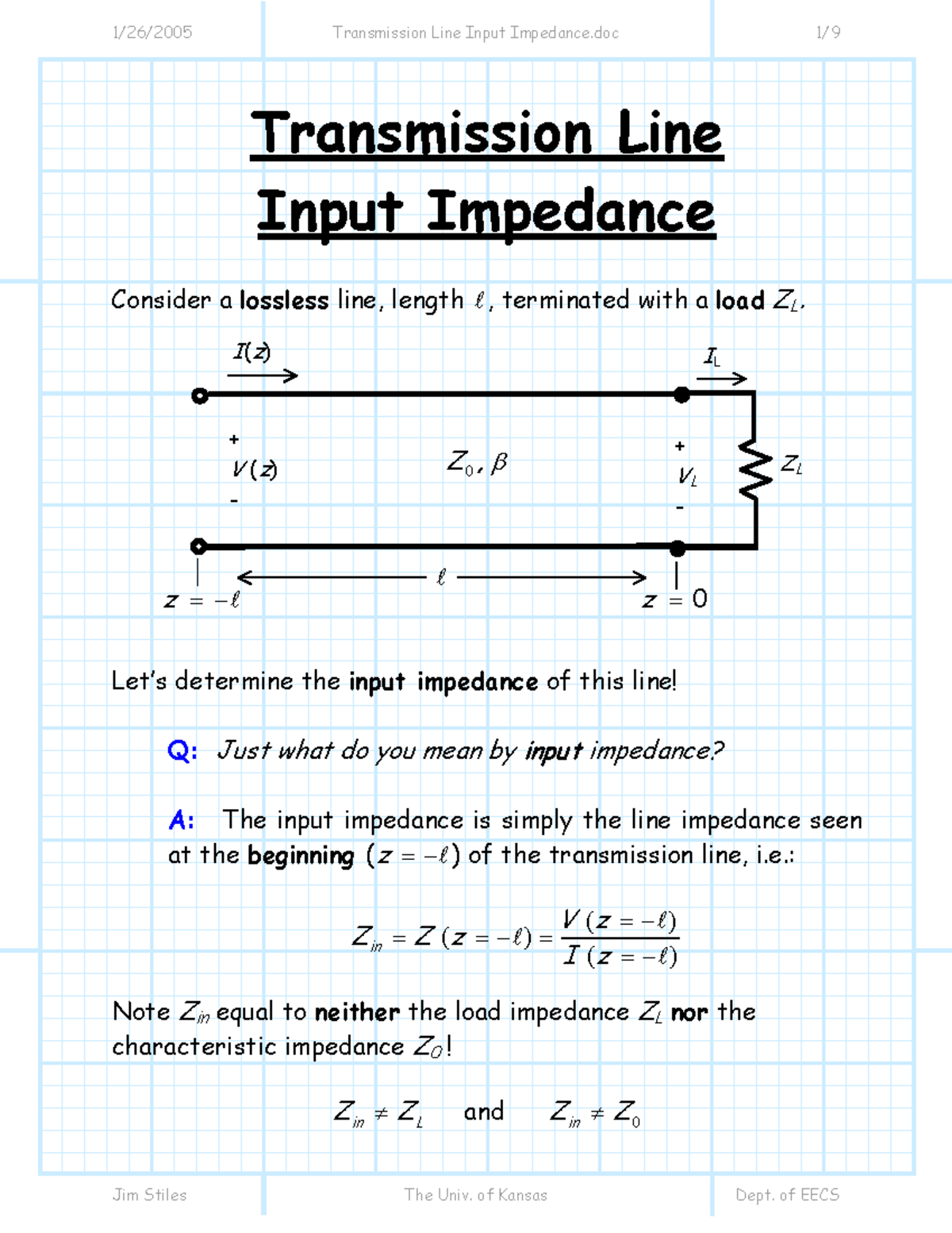 Transmission Line Input Impedance Transmission Line Input Impedance