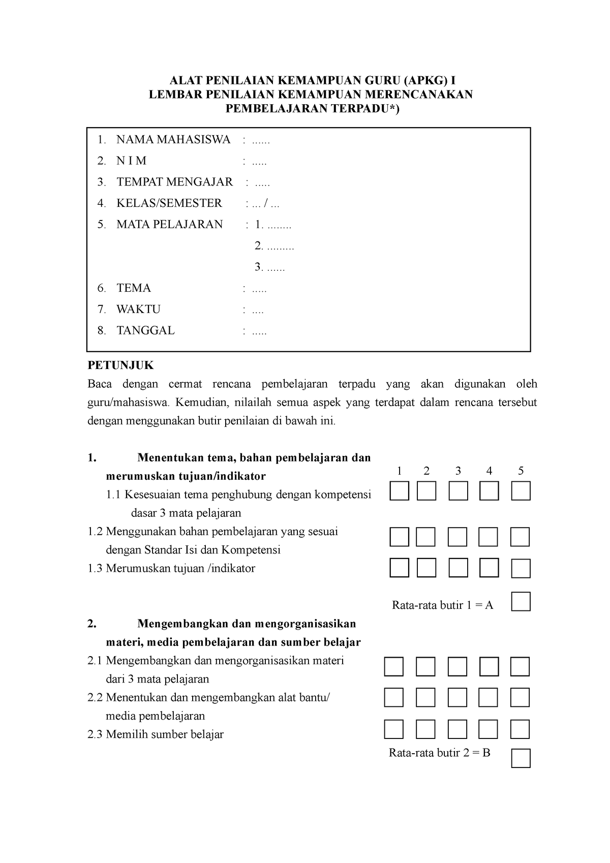 Kelengkapan Praktik Pembelajaran Terpadu Alat Penilaian Kemampuan Guru Apkg I Lembar 