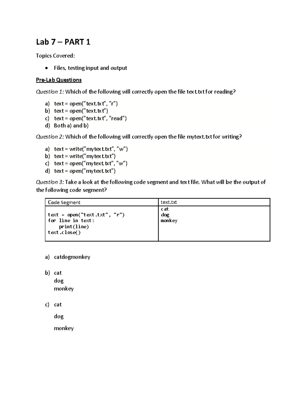 Lab 7 - lab - Lab 7 – PART 1 Topics Covered: Files, testing input and ...