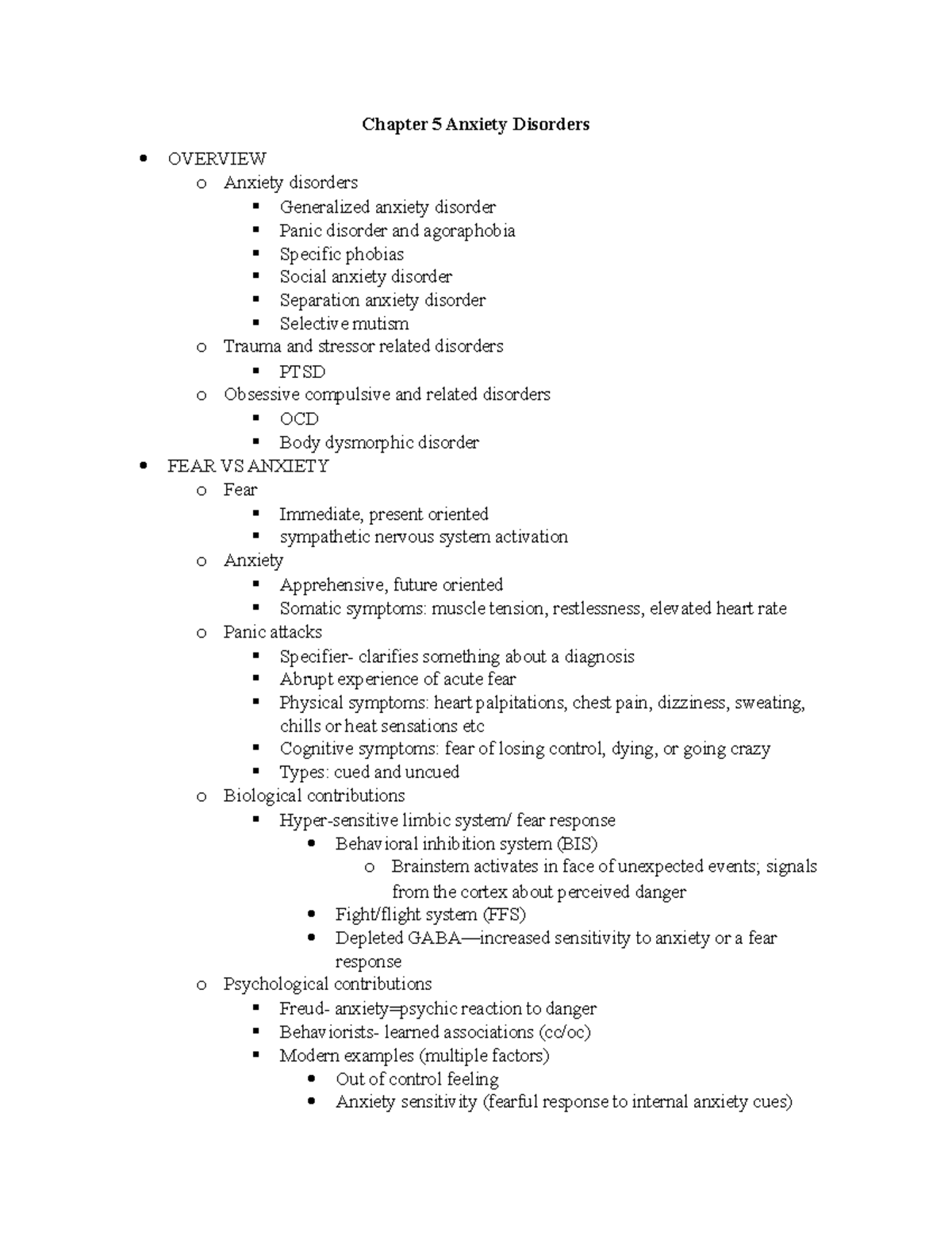 Psych Ch. 5 Notes - Chapter 5 Anxiety Disorders OVERVIEW O Anxiety ...