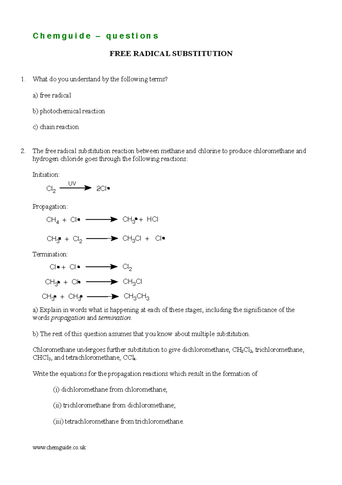 Qfreeradsubst Free rad sub C h e m g u i d e q u e s t i o n s