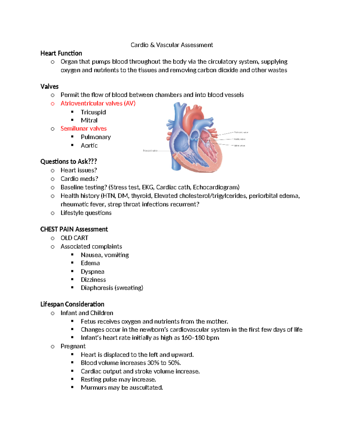 Cardio quiz 5 - NOTES - Cardio & Vascular Assessment Heart Function o ...