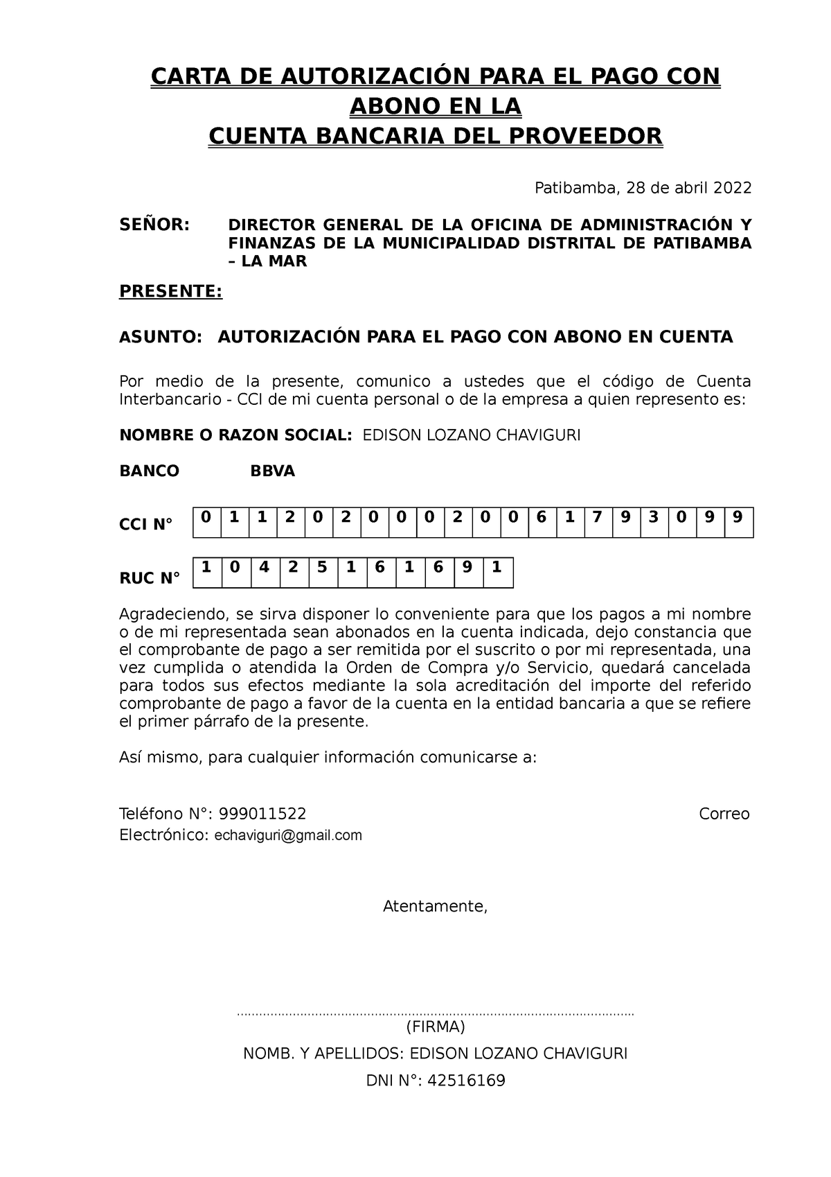 1 Carta De Cci Proveedor Carta De AutorizaciÓn Para El Pago Con Abono En La Cuenta Bancaria 9723