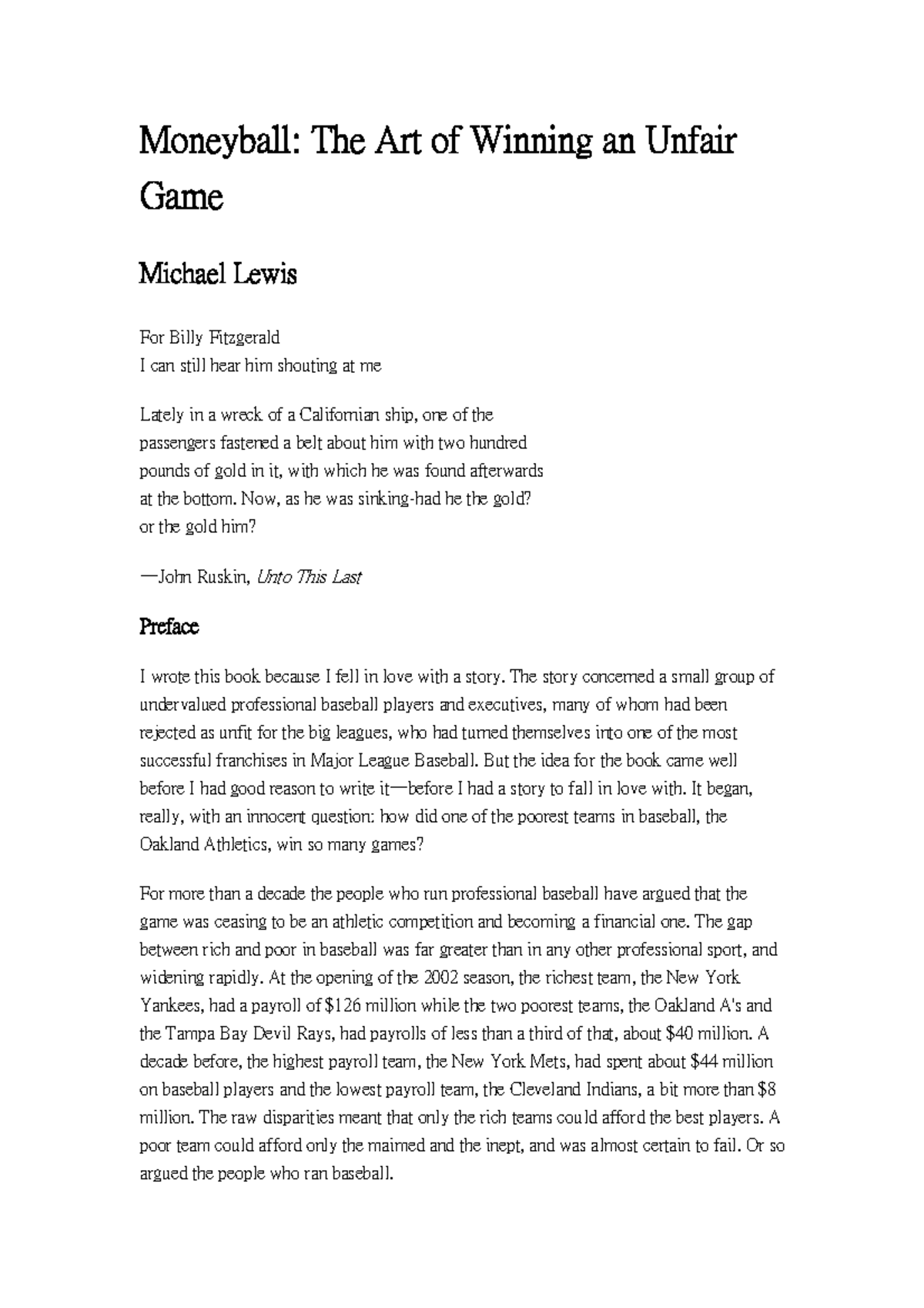 Money Ball Moneyball The Art of Winning an Unfair Game Michael Lewis