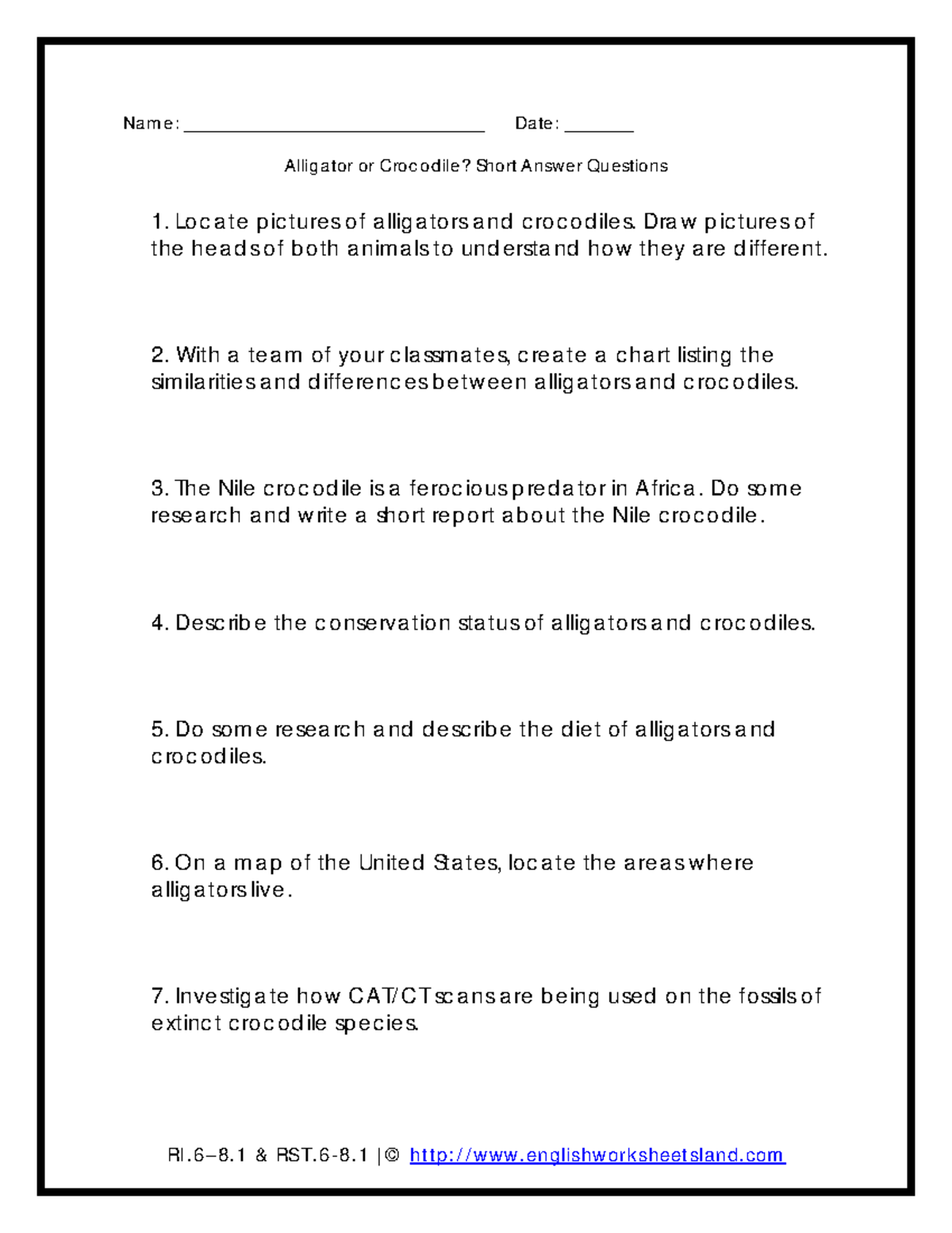Alligator reading and comprehension lesson - RI–8 &amp; RST.6-8 |©  englishworksheetsland Na me : - Studocu